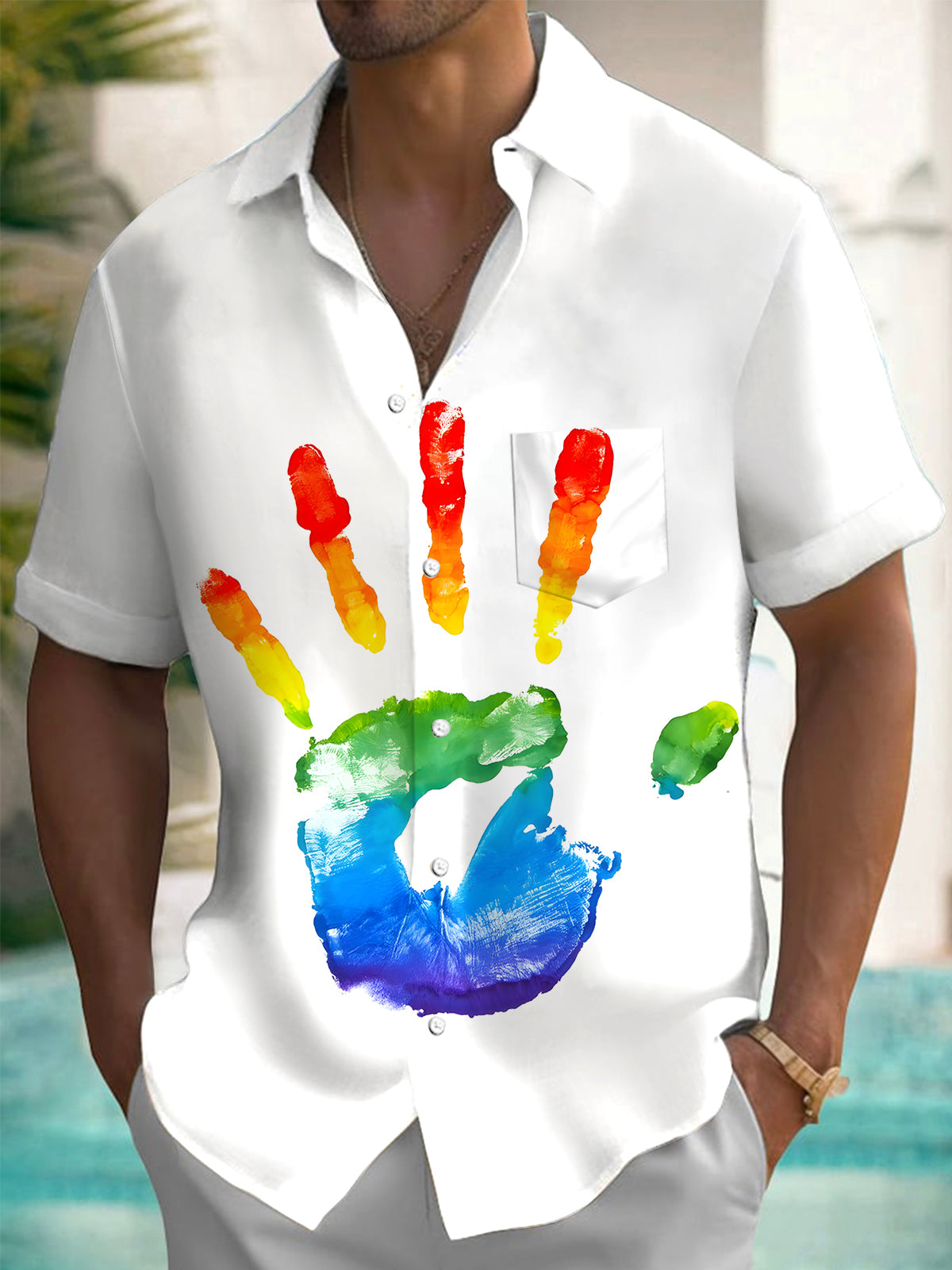 Palm Print Men's Pocket Short Sleeve Shirts