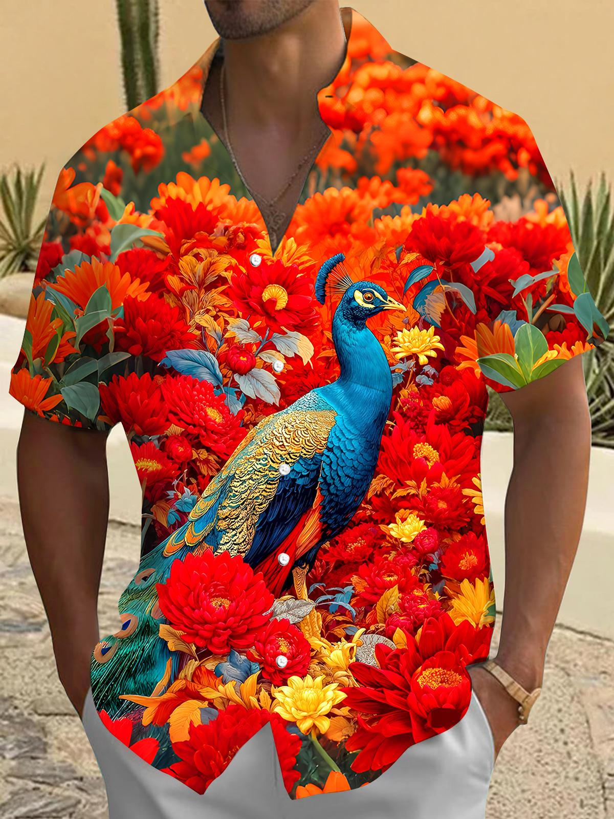 Peacock Floral Men's Pocket Short Sleeve Shirts