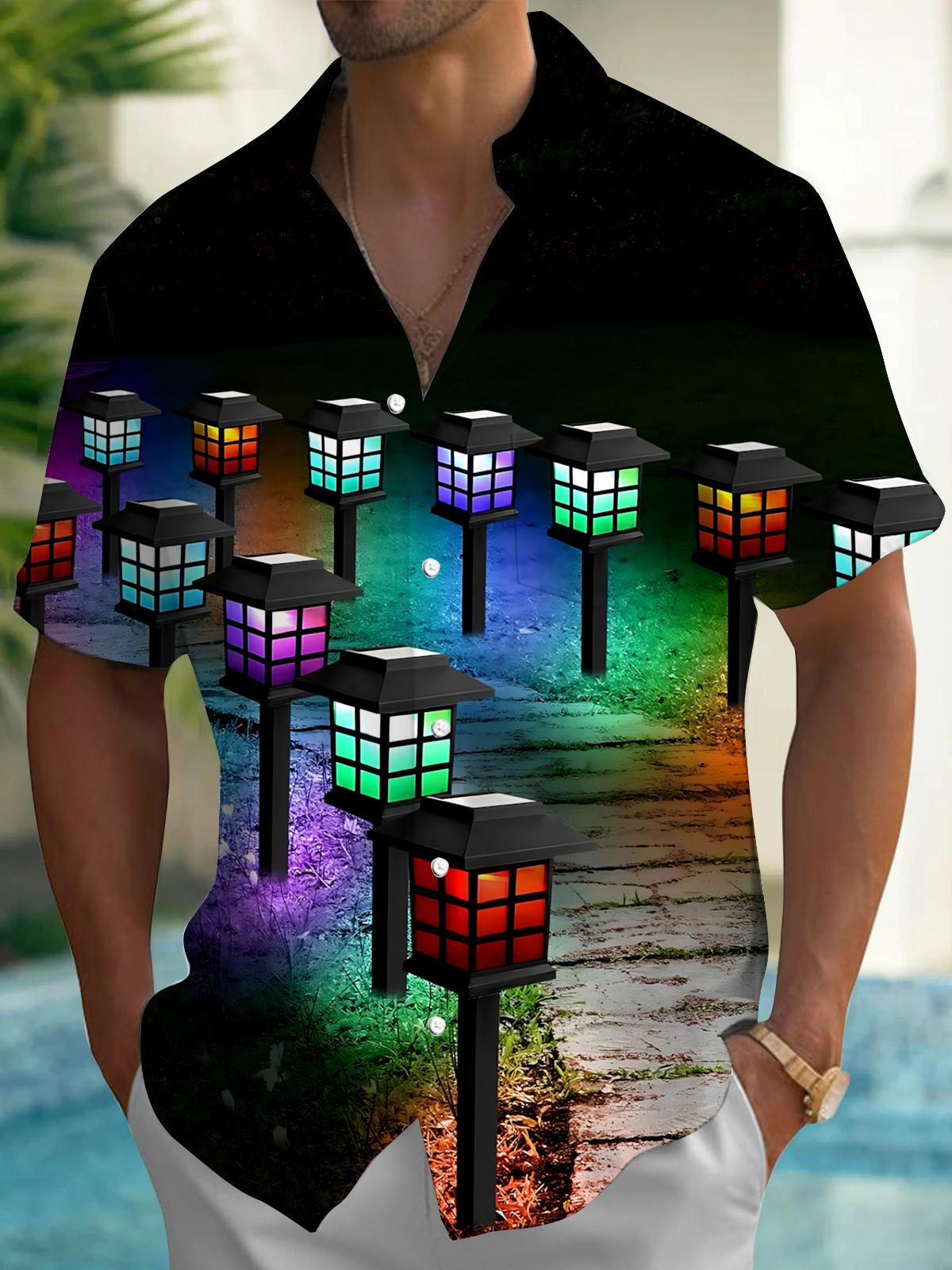 Street Lamp Print Men's Pocket Short Sleeve Shirts