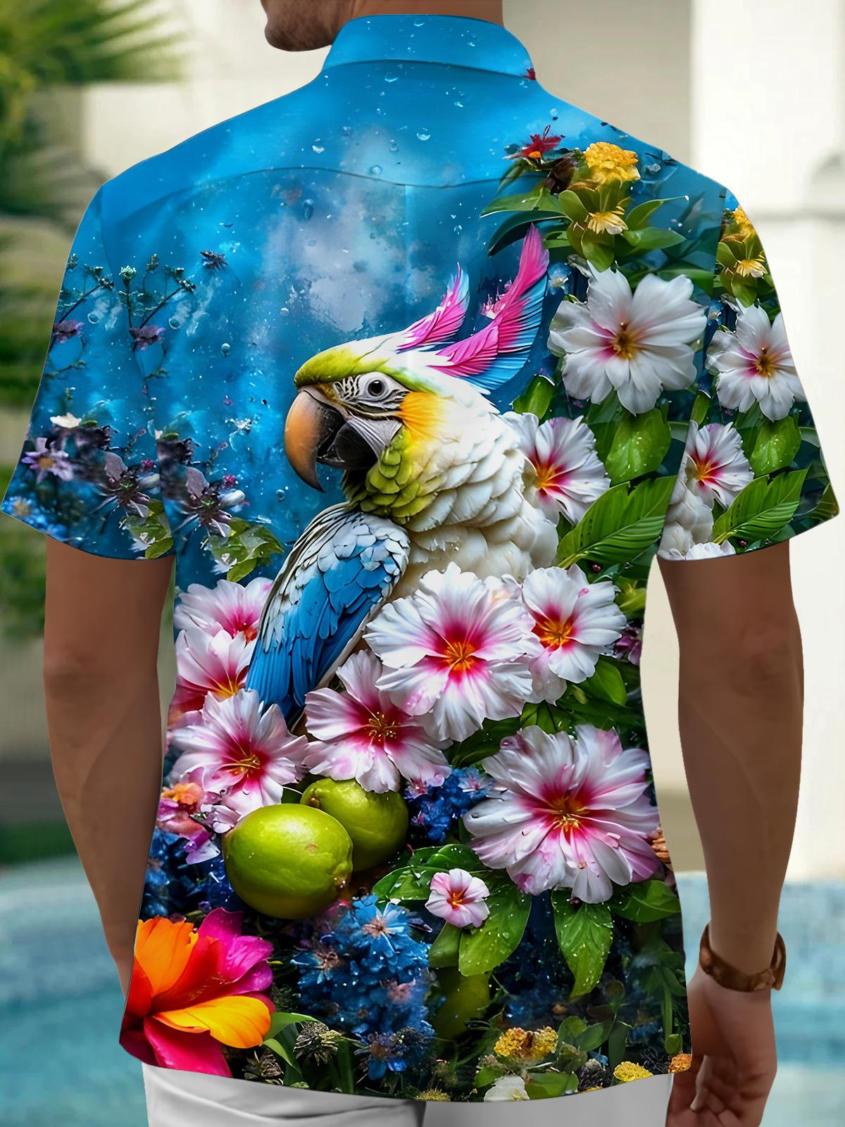 Hawaiian Parrot Floral Men's Pocket Short Sleeve Shirts