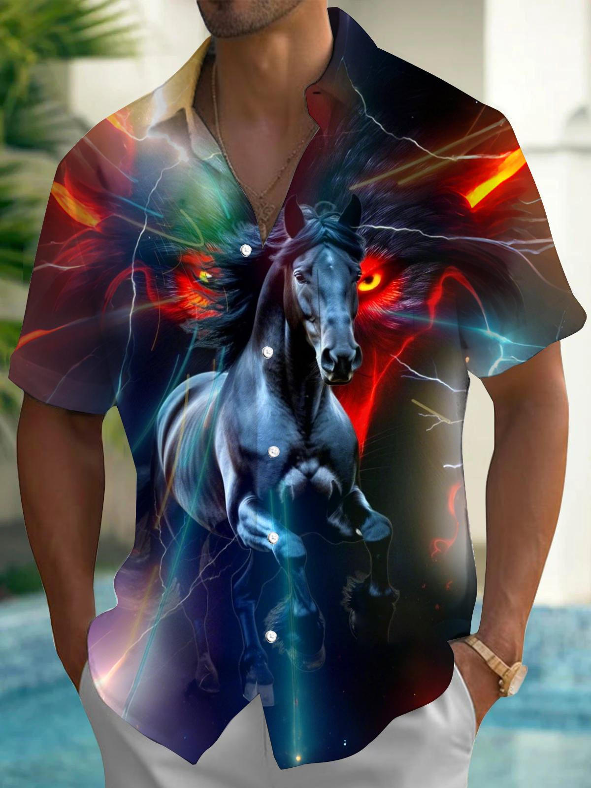 Horse Art Print Men's Pocket Short Sleeve Shirts