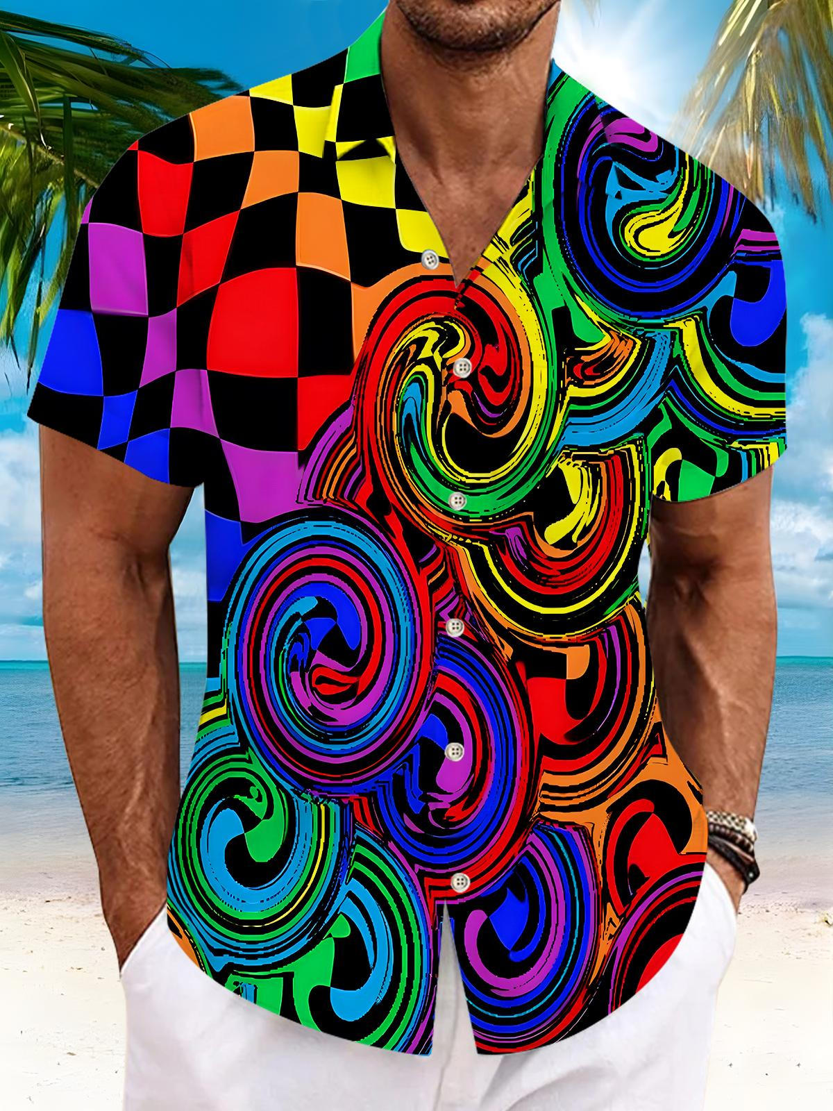 Hawaiian Rainbow Swirl Lattice Geometry Men's Pocket Short Sleeve Shirts