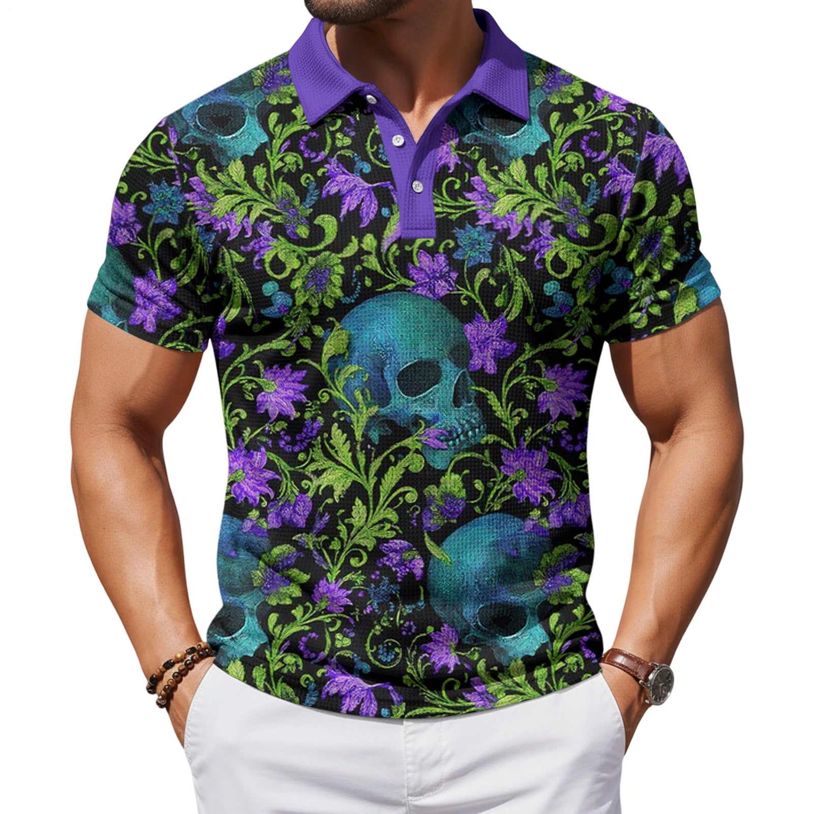 Skull Collared Tee Shirt for Men Waffle Floral Summer Short Sleeve Fashion Button Graphic Tee Shirt for Beach consistent
