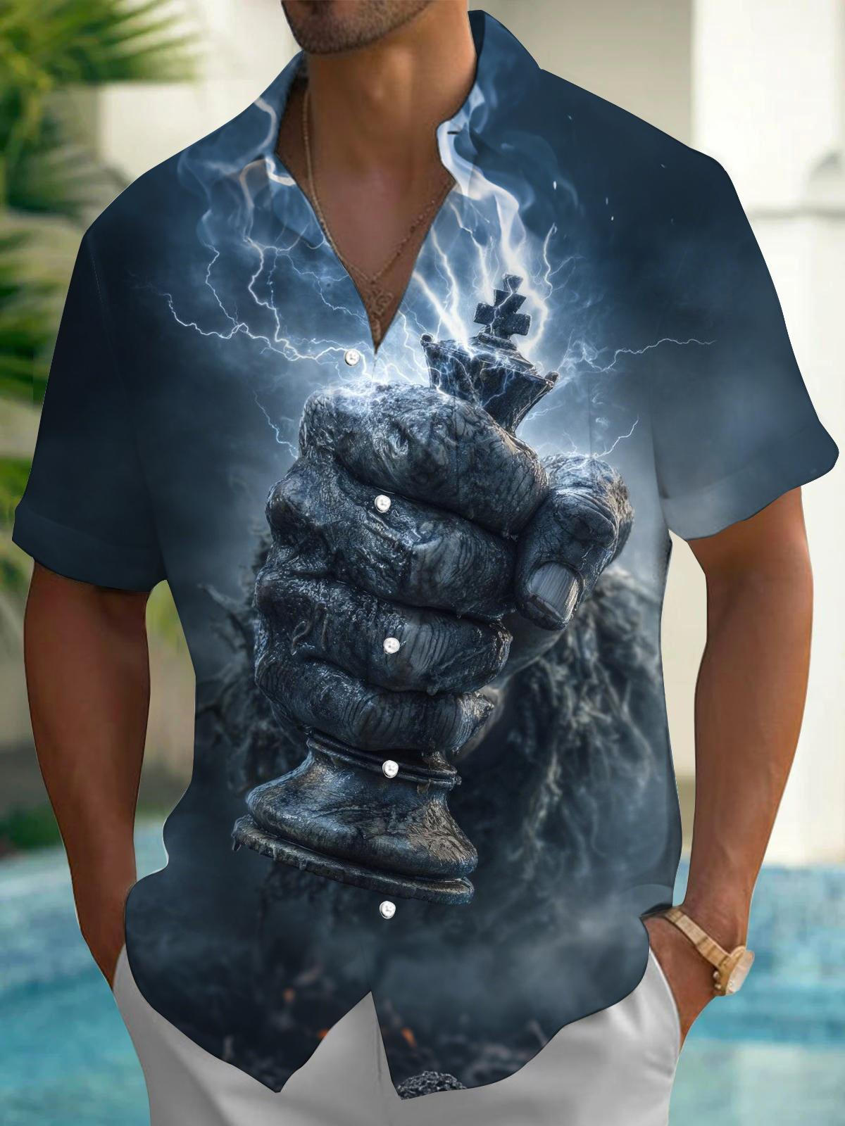 Chess Fist Print Men's Pocket Short Sleeve Shirts