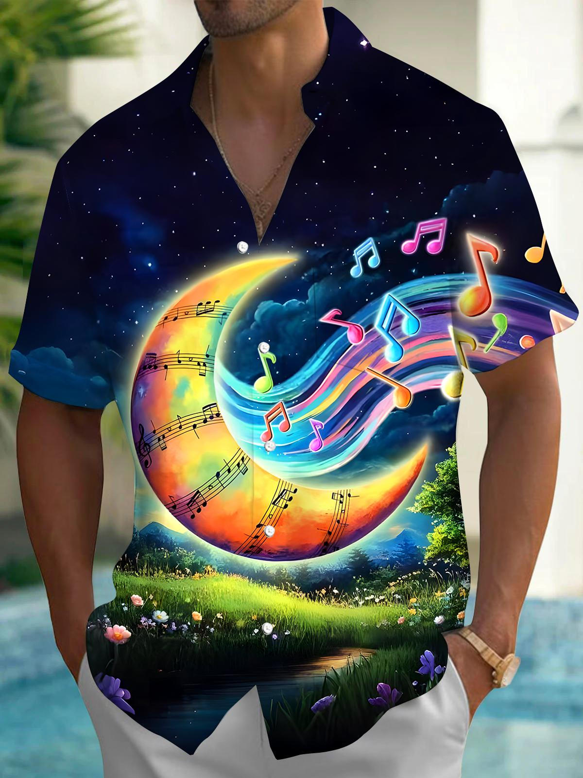 Moon Musical Note Men's Pocket Short Sleeve Shirts