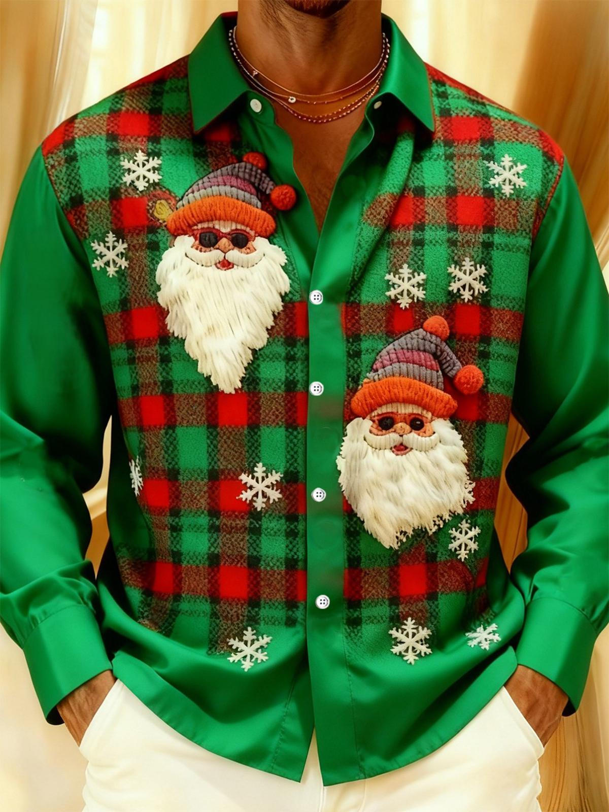 Fun Christmas Plaid Santa Claus Xmas Men's Pocket Long Sleeve Shirts