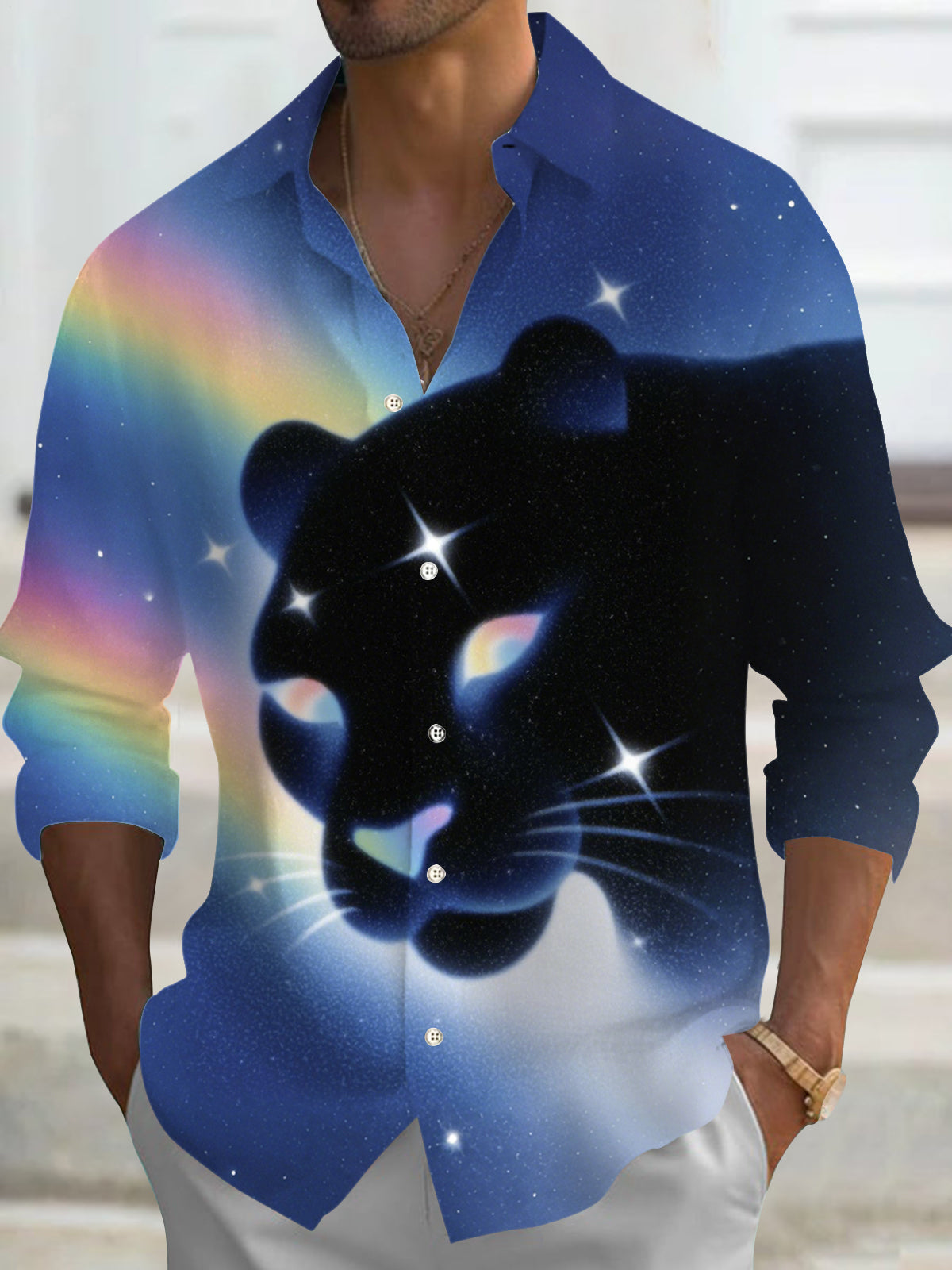 Black Panther Print Men's Pocket Long Sleeve Shirts