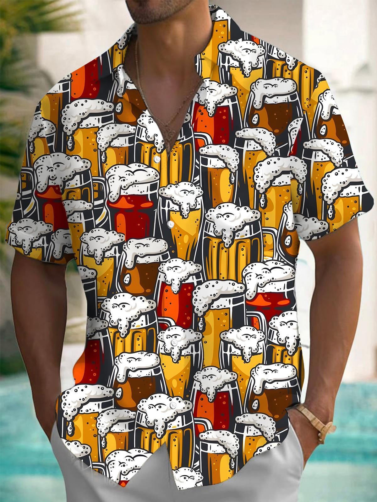 Beer Print Men's Pocket Short Sleeve Shirts