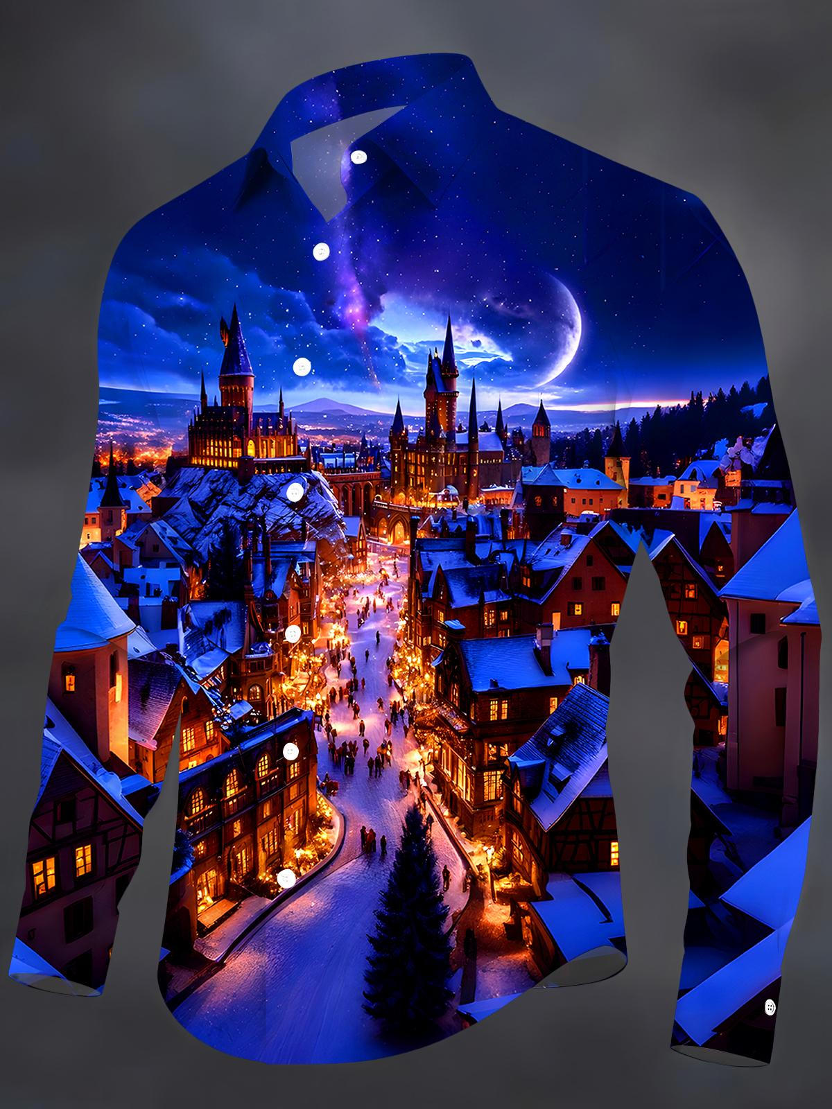 Christmas Night Street Men's Pocket Long Sleeve Shirts