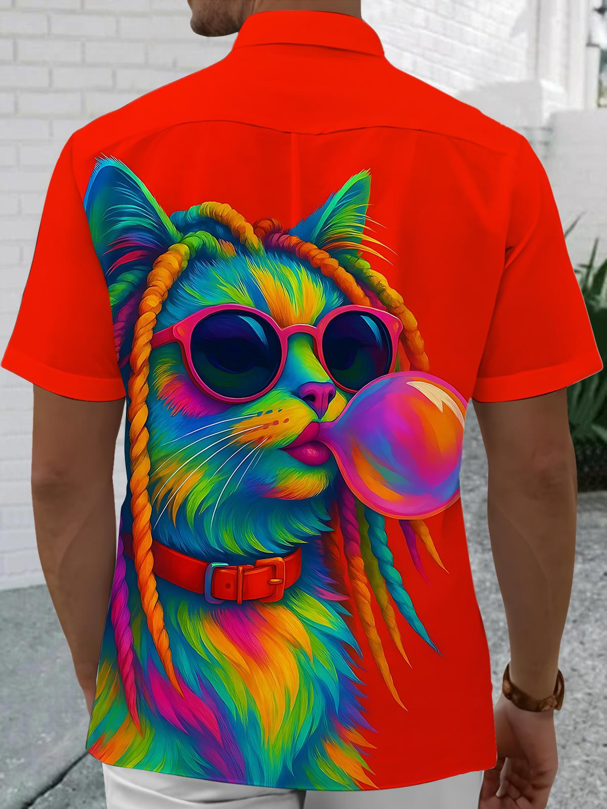 Funny Cat Print Men's Pocket Short Sleeve Shirts