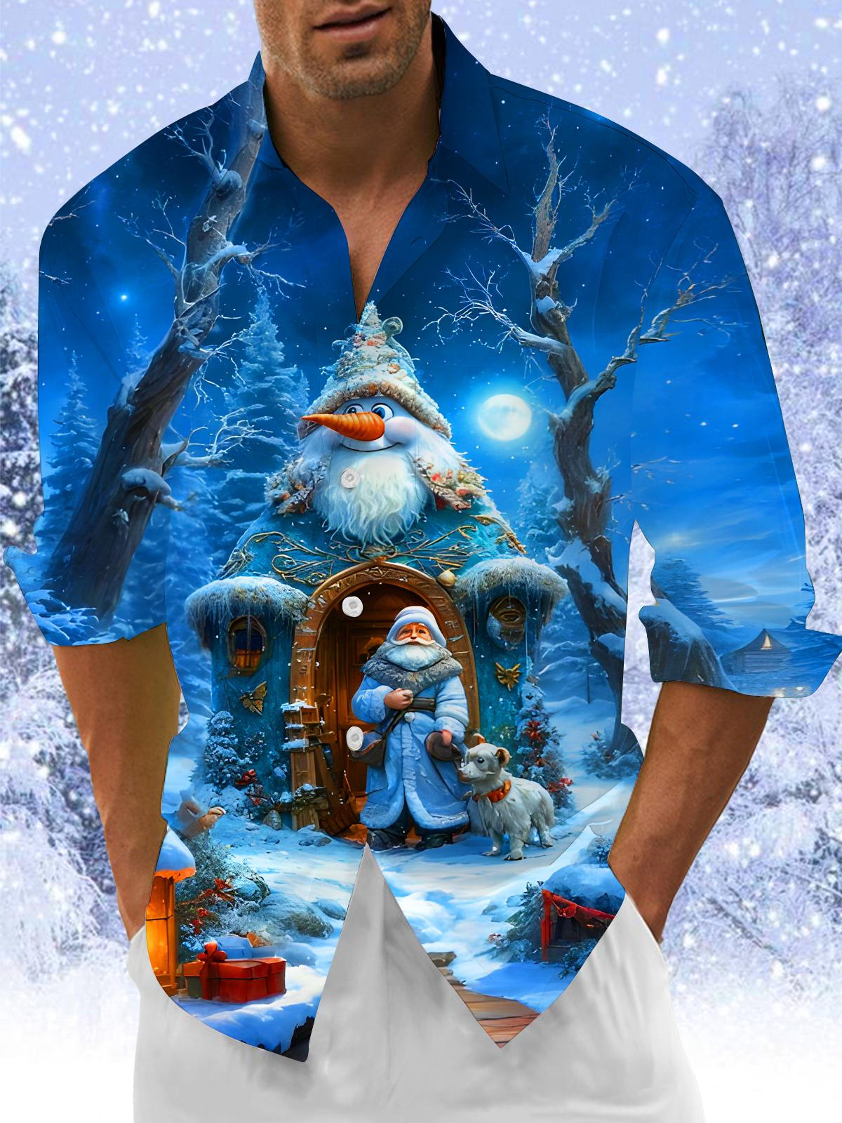Winter Snow Old Man Snowman Men's Pocket Long Sleeve Shirts