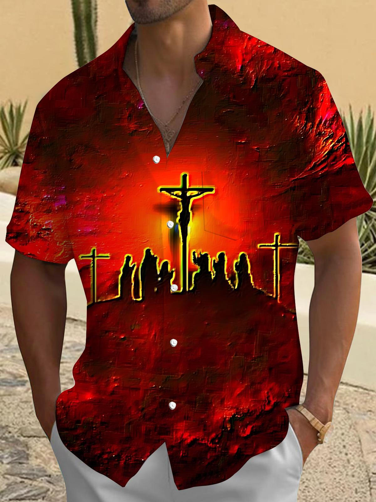 Christian Jesus Print Men's Pocket Short Sleeve Shirts