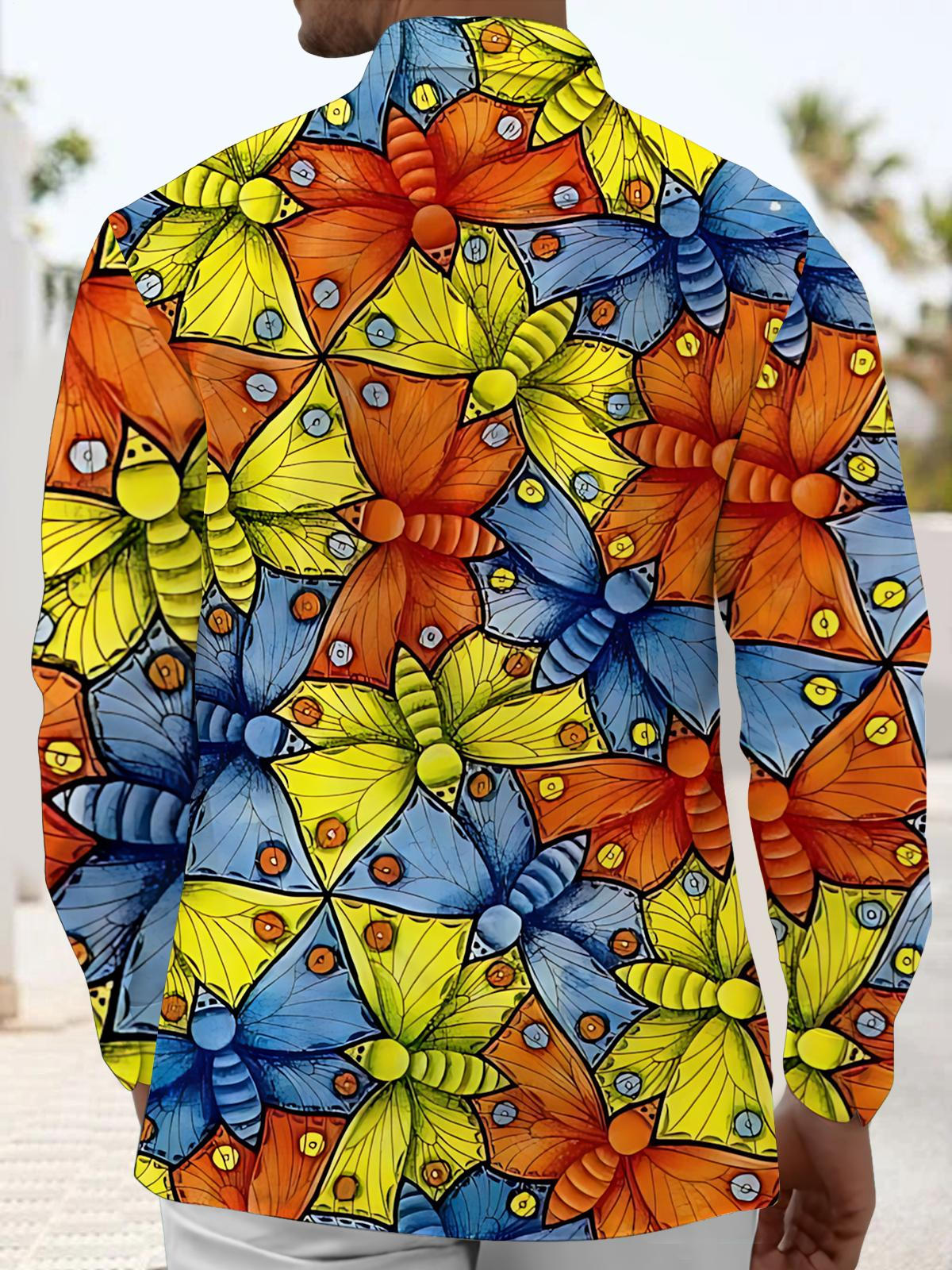 Butterfly Art Print Men's Pocket Long Sleeve Shirts