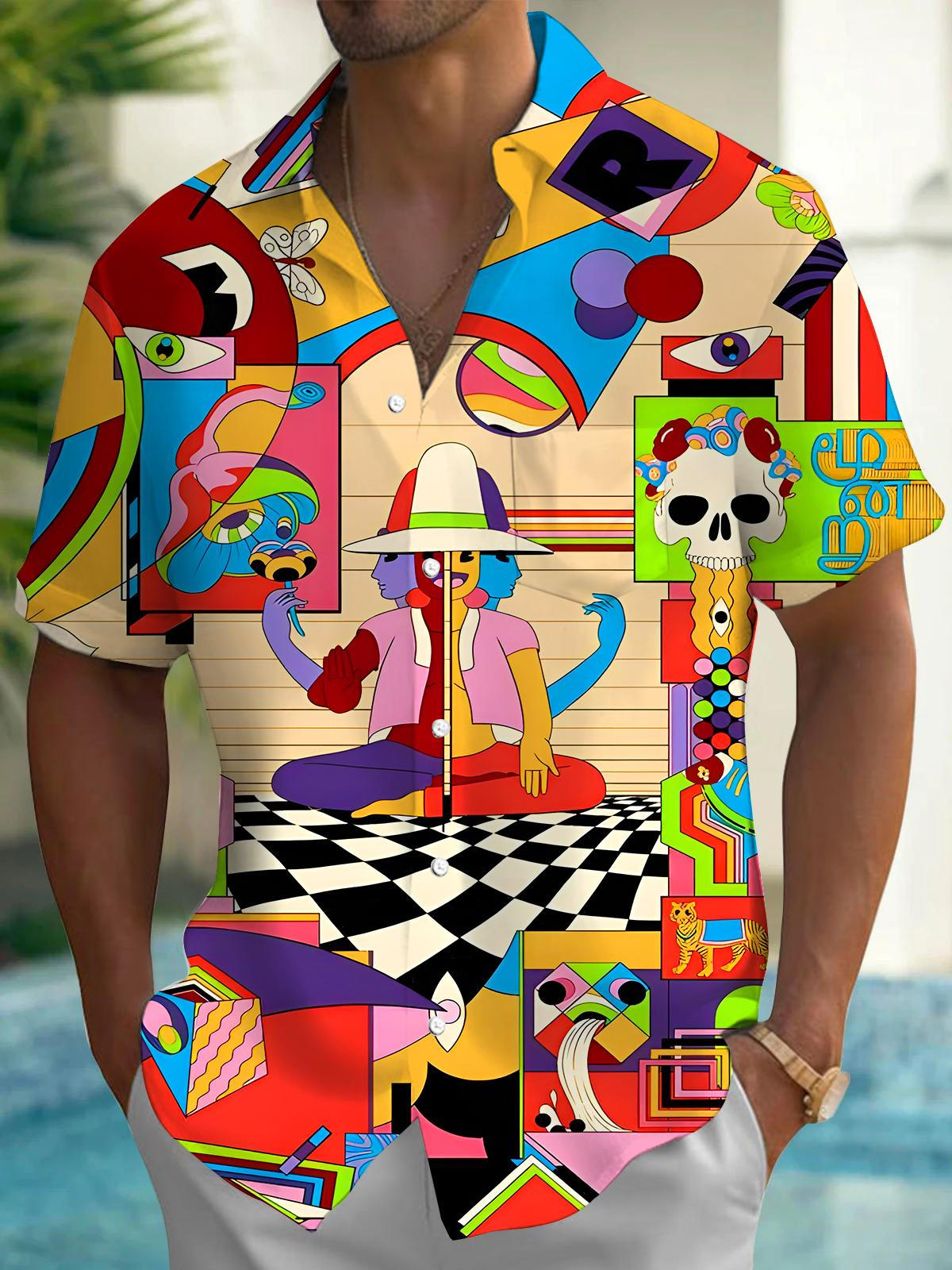Art Abstract Colorful Geometric Blocks Men's Pocket Short Sleeve Shirts