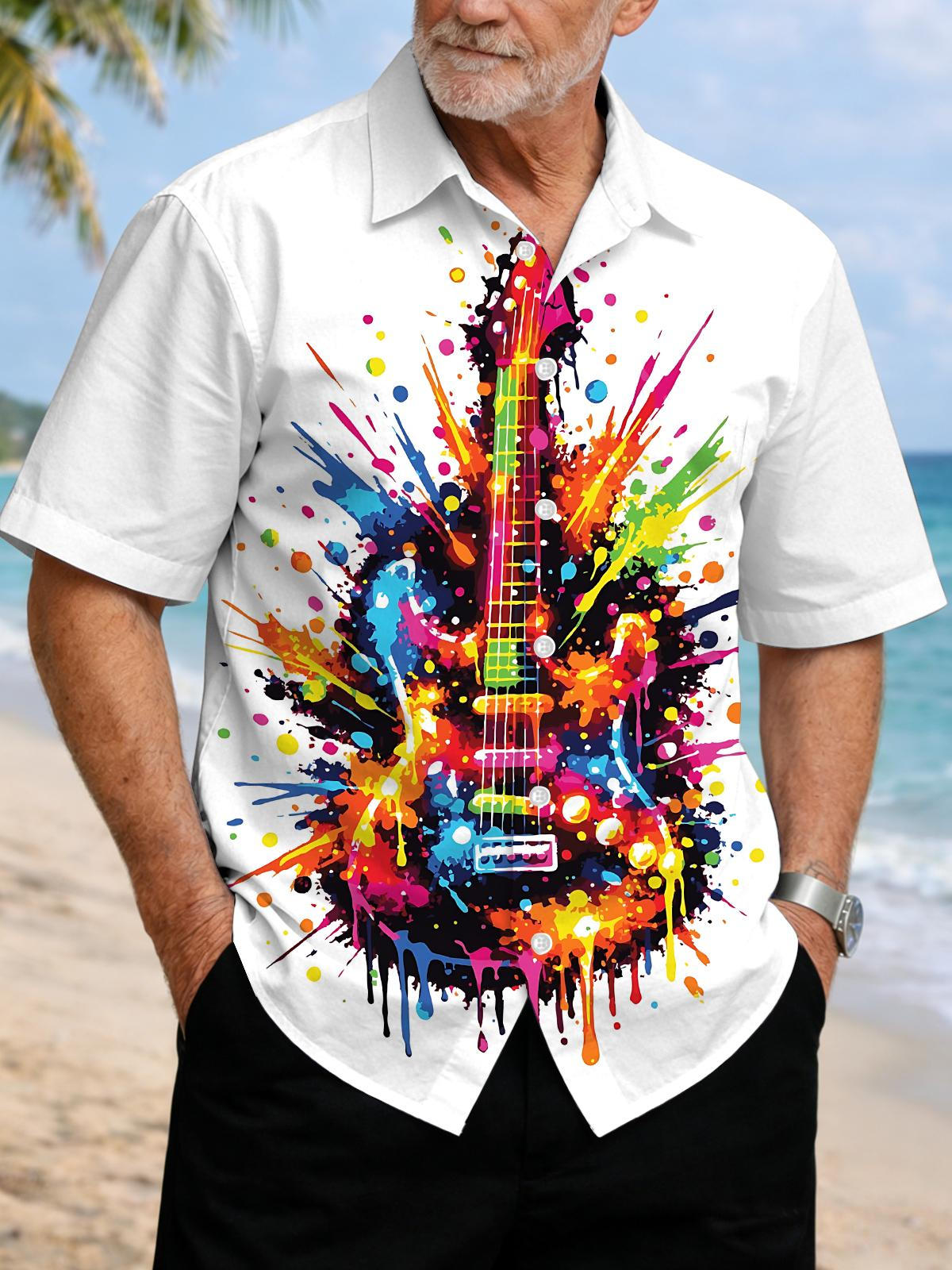 Guitar Print Men's Pocket Short Sleeve Shirts
