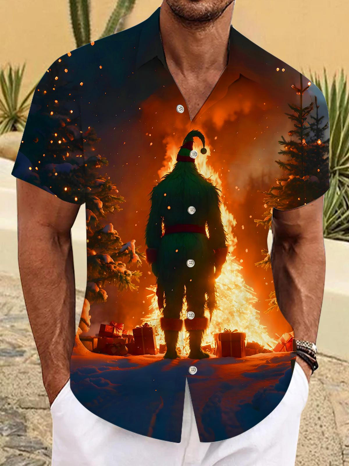 Fun Christmas Green-haired Man Flame Xmas Men's Pocket Short Sleeve Shirts