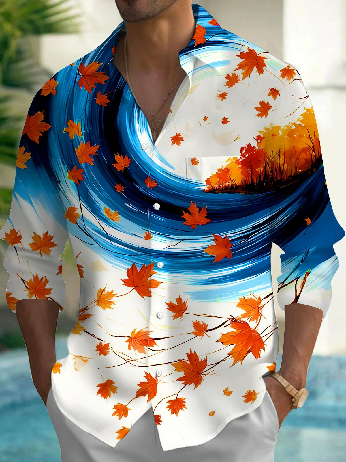 Autumn Maple Leaf Art Swirl Men's Pocket Long Sleeve Shirts