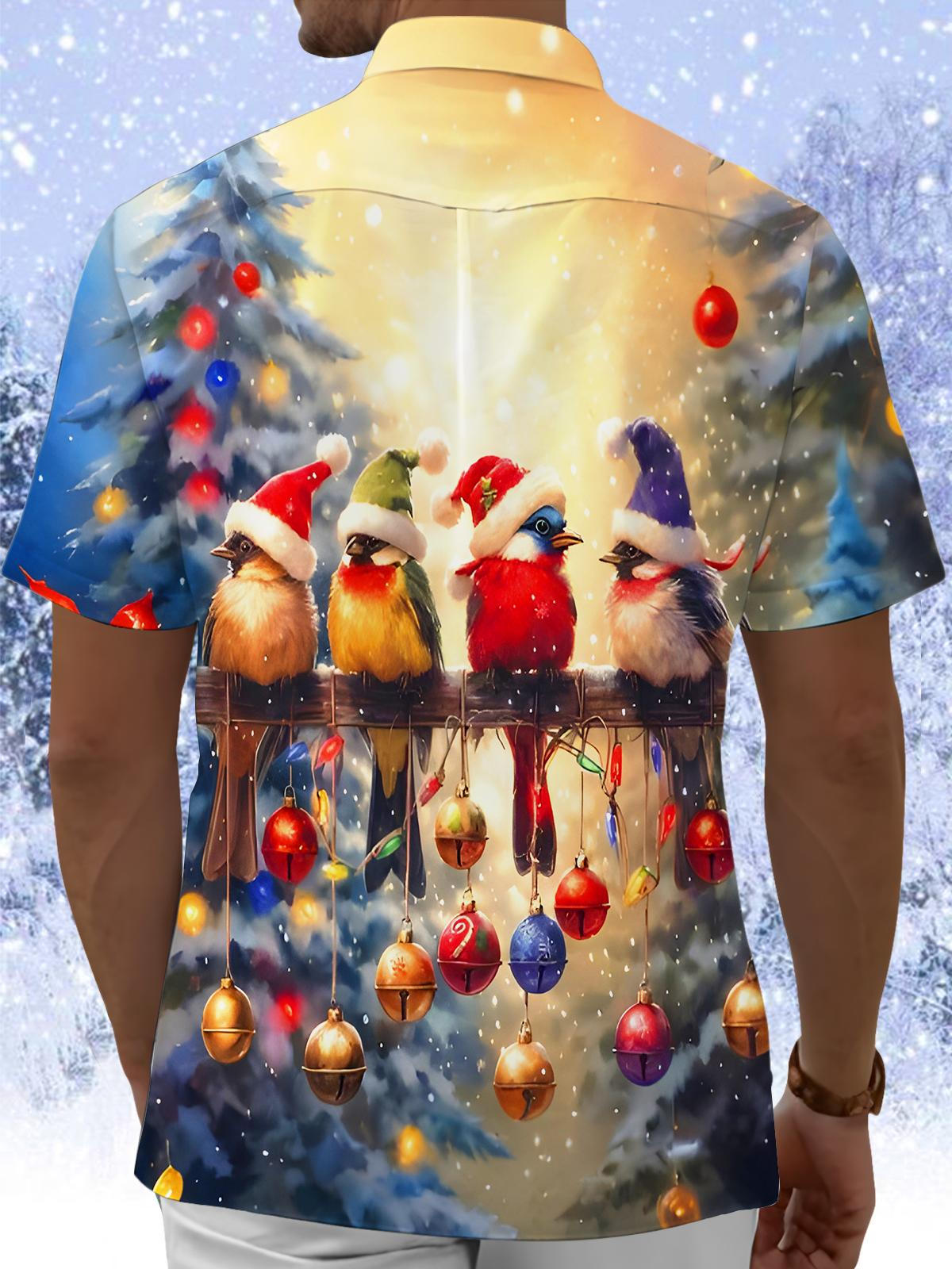 Fun Christmas Bird Lights Xmas Men's Pocket Short Sleeve Shirts