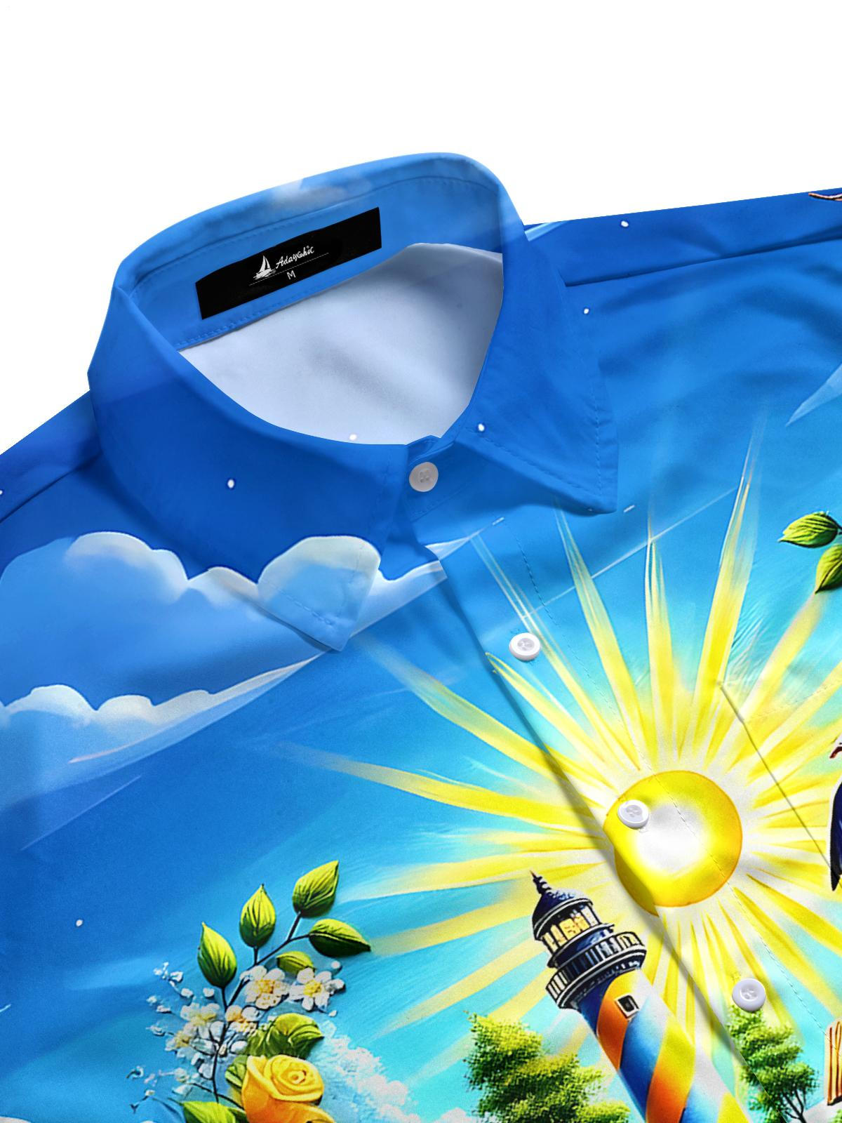 Hawaiian Lighthouse Floral Men's Pocket Short Sleeve Shirts