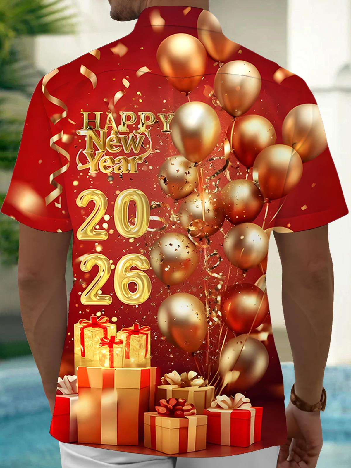 2026 New Year Balloon Men's Pocket Short Sleeve Shirts