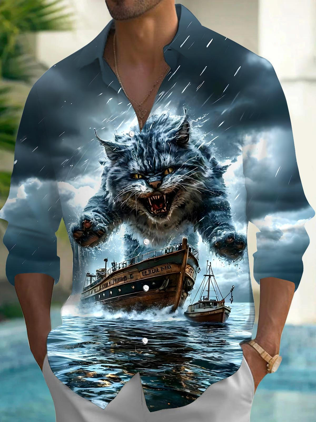 Cat Boat Men's Pocket Long Sleeve Shirts