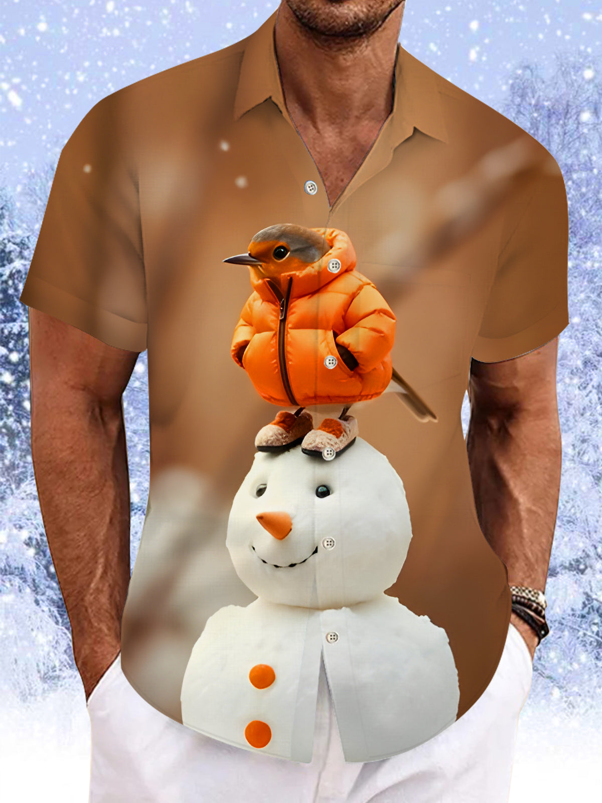 Fun Down Jacket Little Bird Snowman Men's Pocket Short Sleeve Shirts