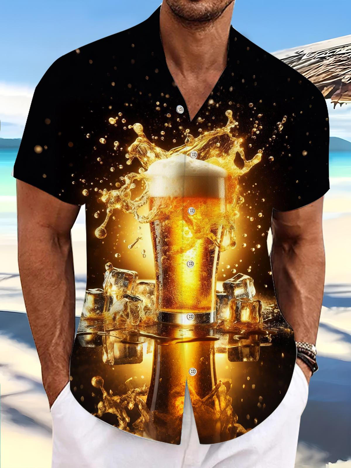 Beer Print Men's Pocket Short Sleeve Shirts