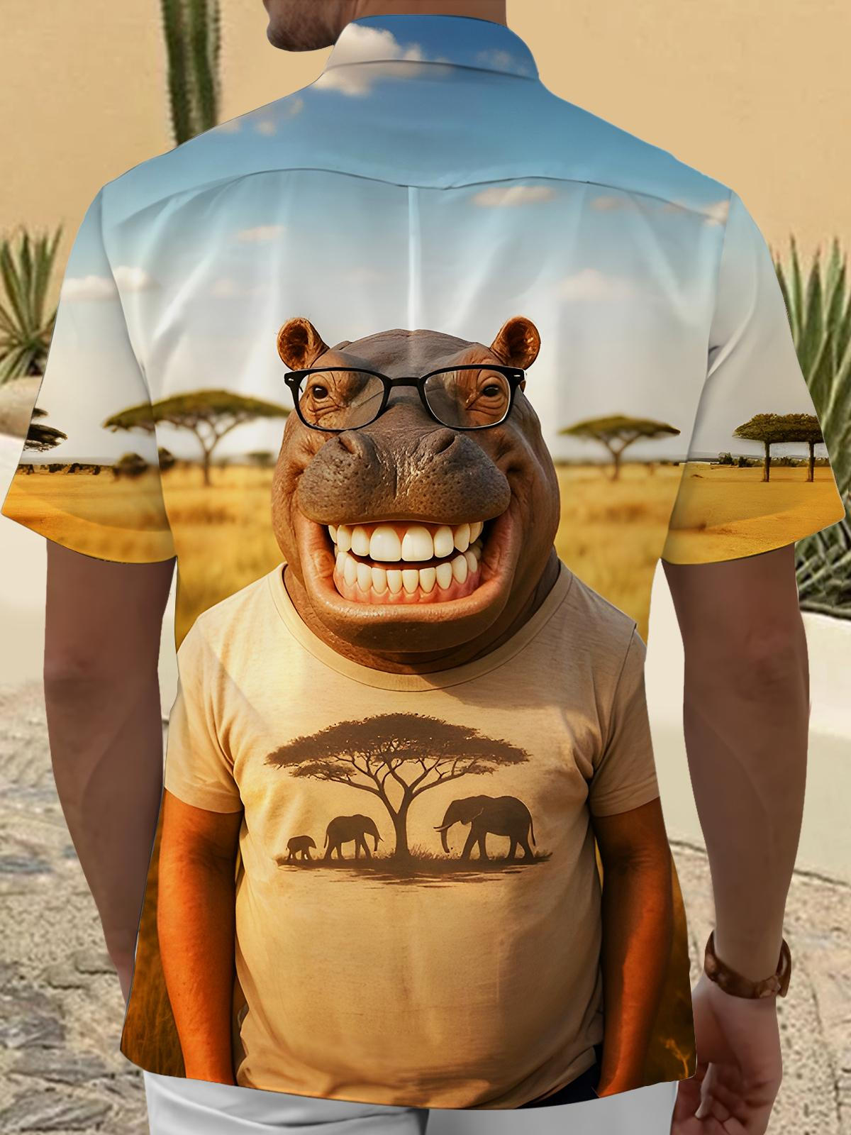 Funny Grinning Hippo Men's Pocket Short Sleeve Shirts