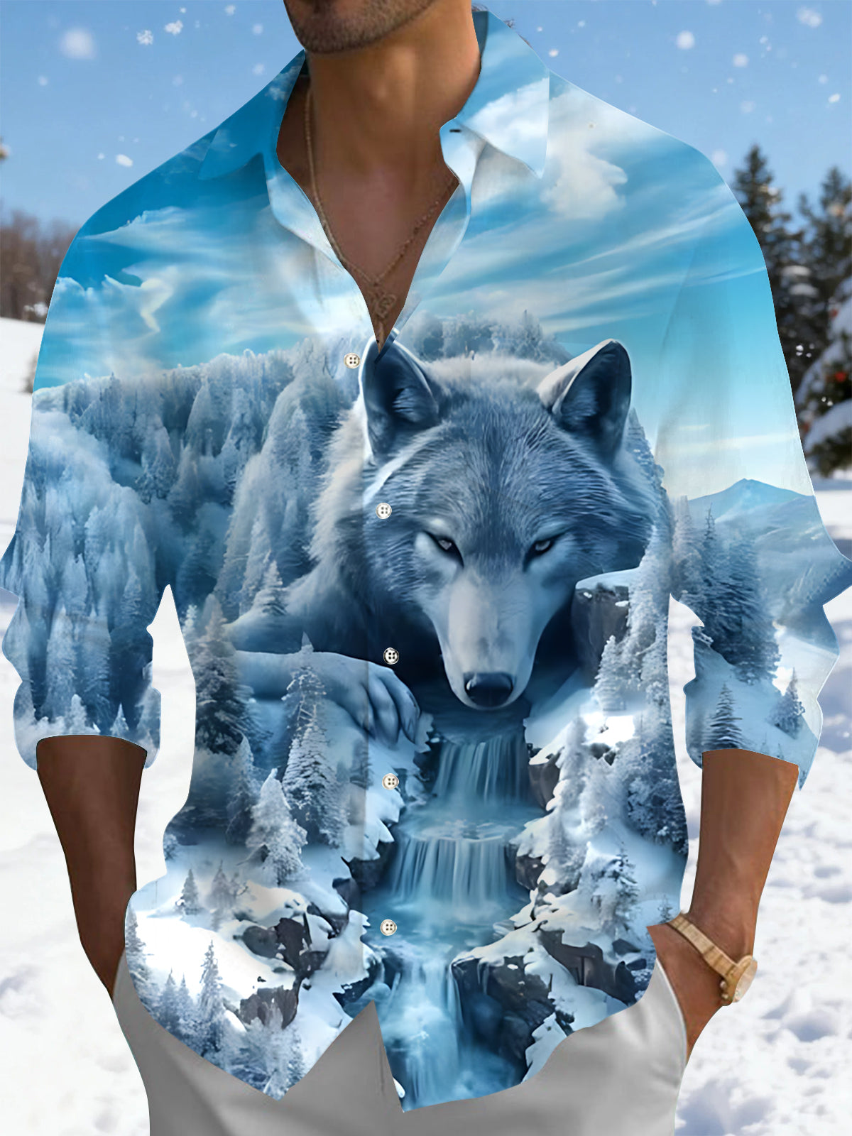 Wolf Print Men's Pocket Long Sleeve Shirts