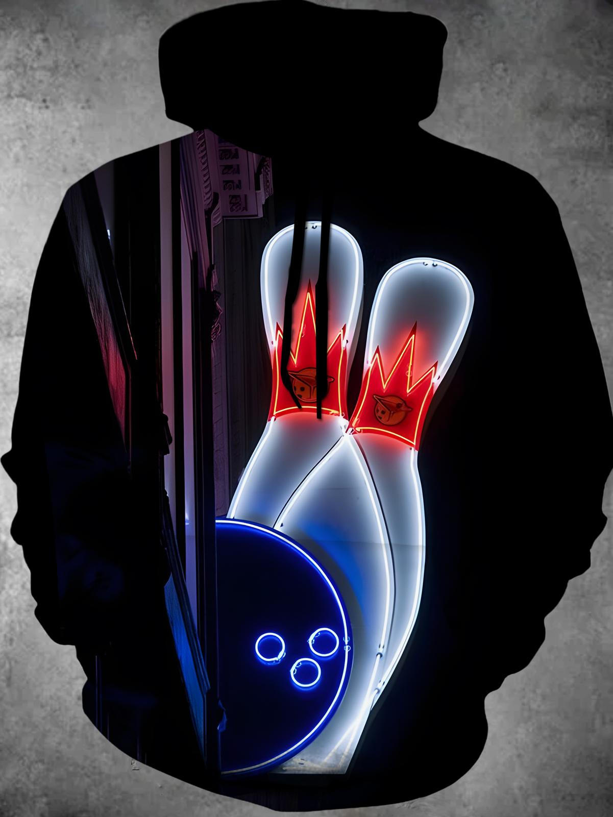 Bowling Ball Print Long Sleeve Hooded Pocket Men's Top