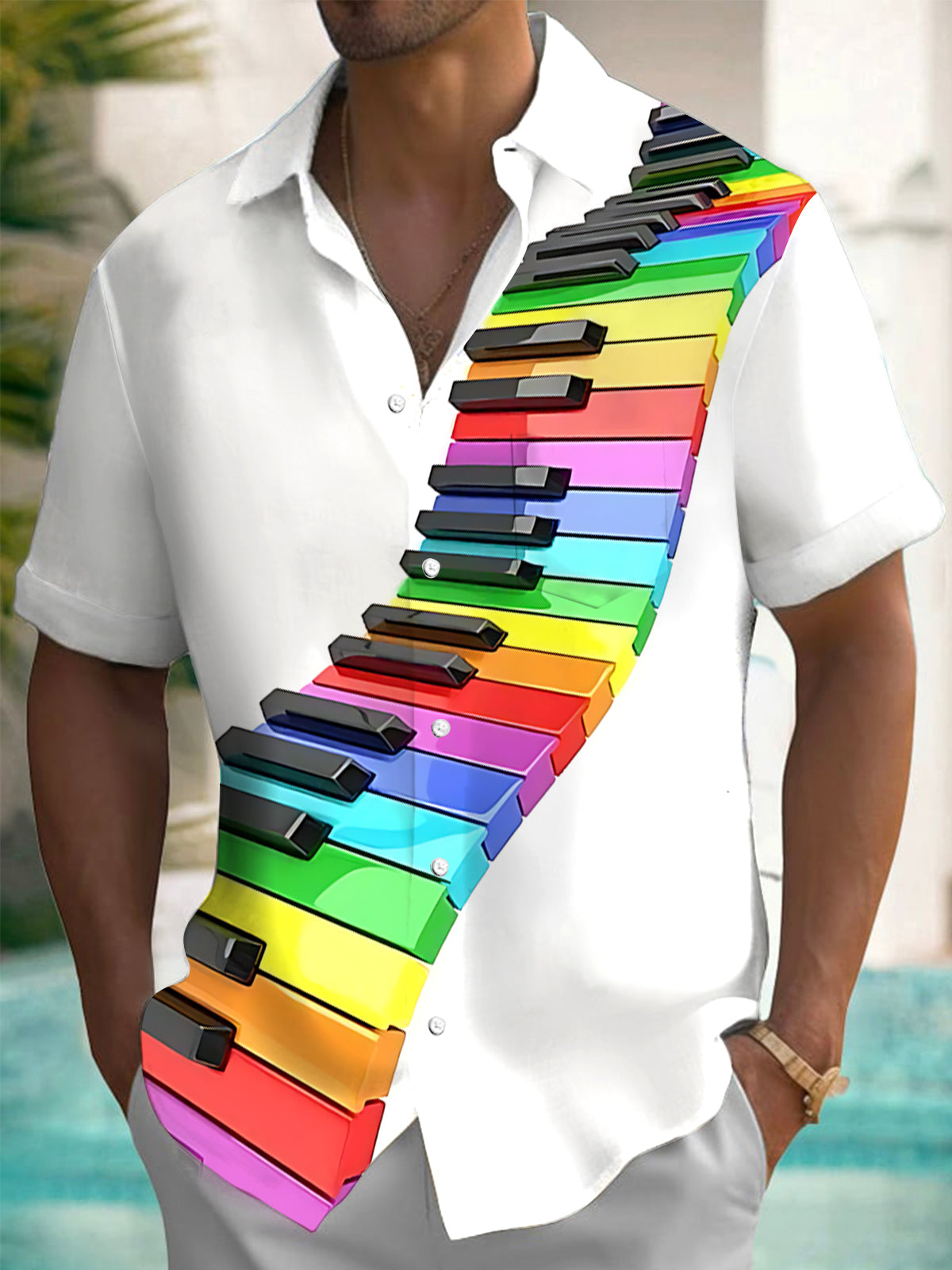 Piano Print Men's Pocket Short Sleeve Shirts