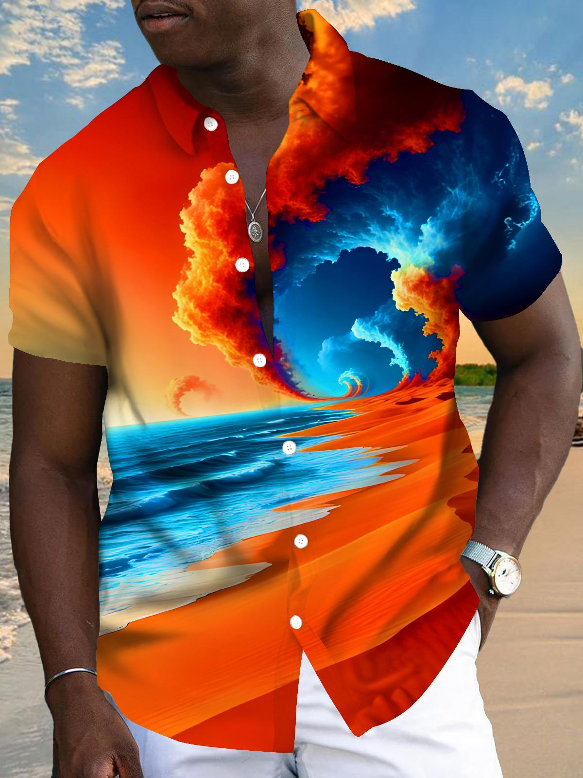 Swirling Clouds Surging Waves Sunset Orange-Red Sand Men's Pocket Short Sleeve Shirts