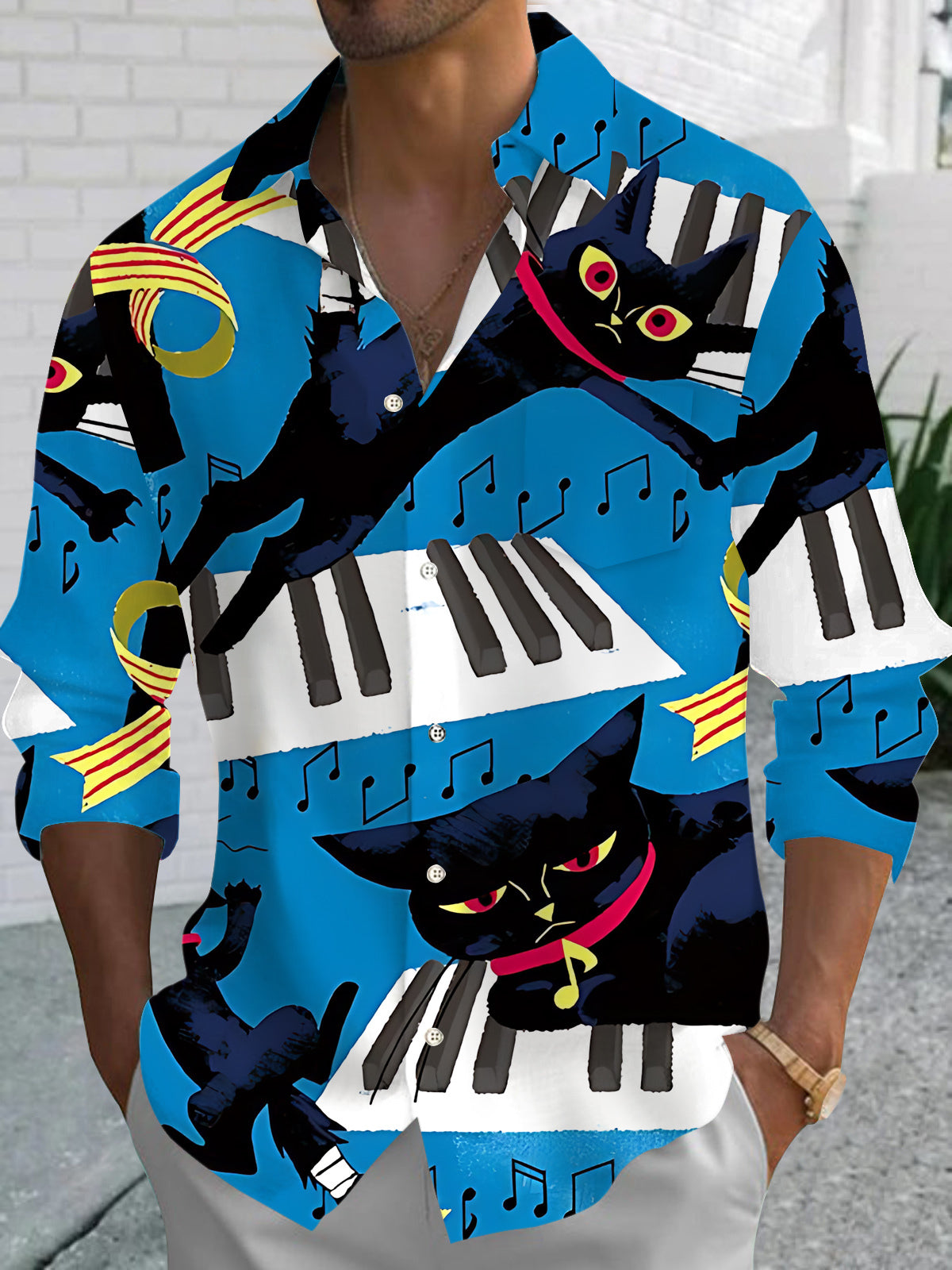 Funny Cat Piano Print Men's Pocket Long Sleeve Shirts