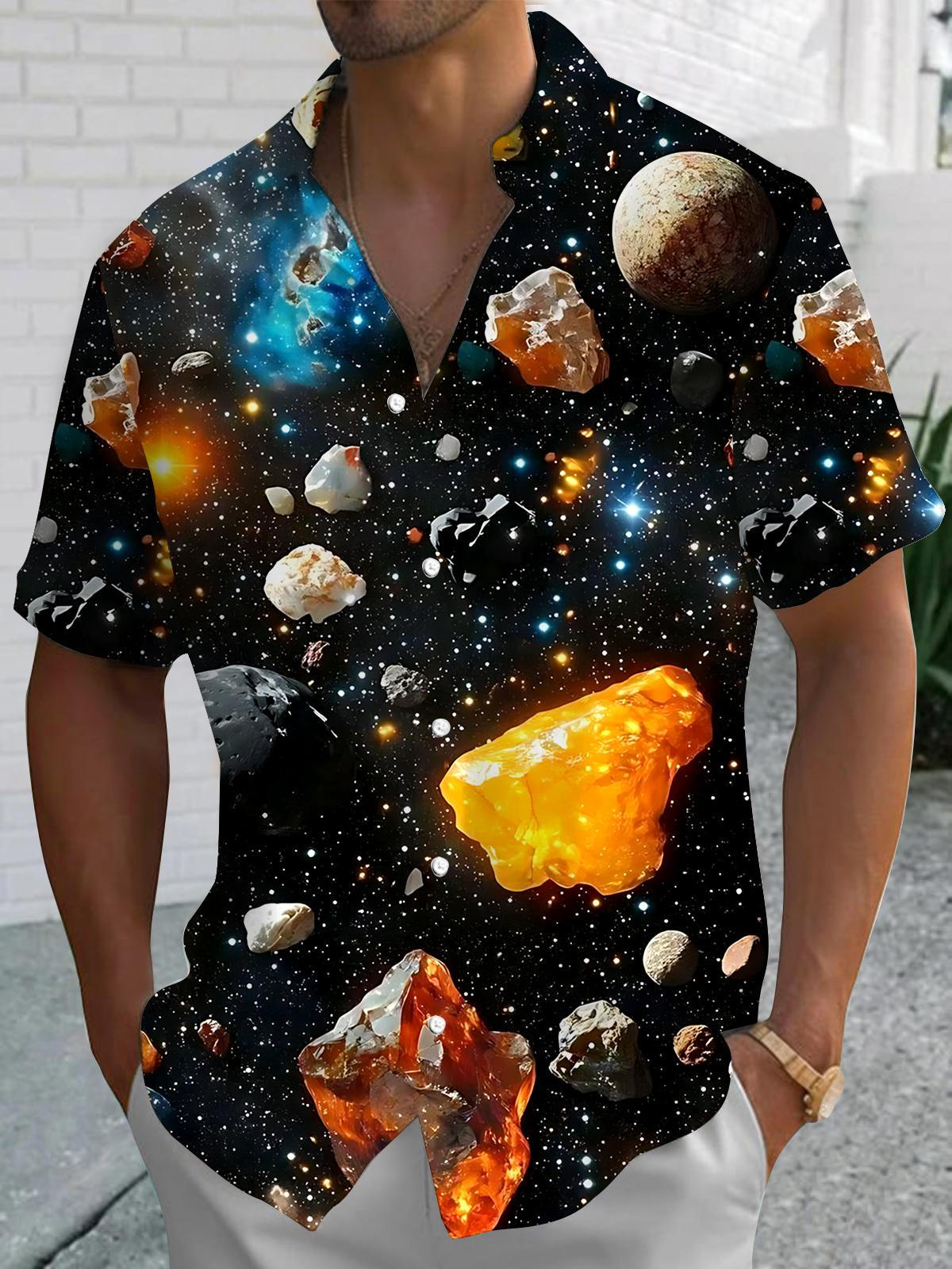 Space Meteorite Print Men's Pocket Short Sleeve Shirts