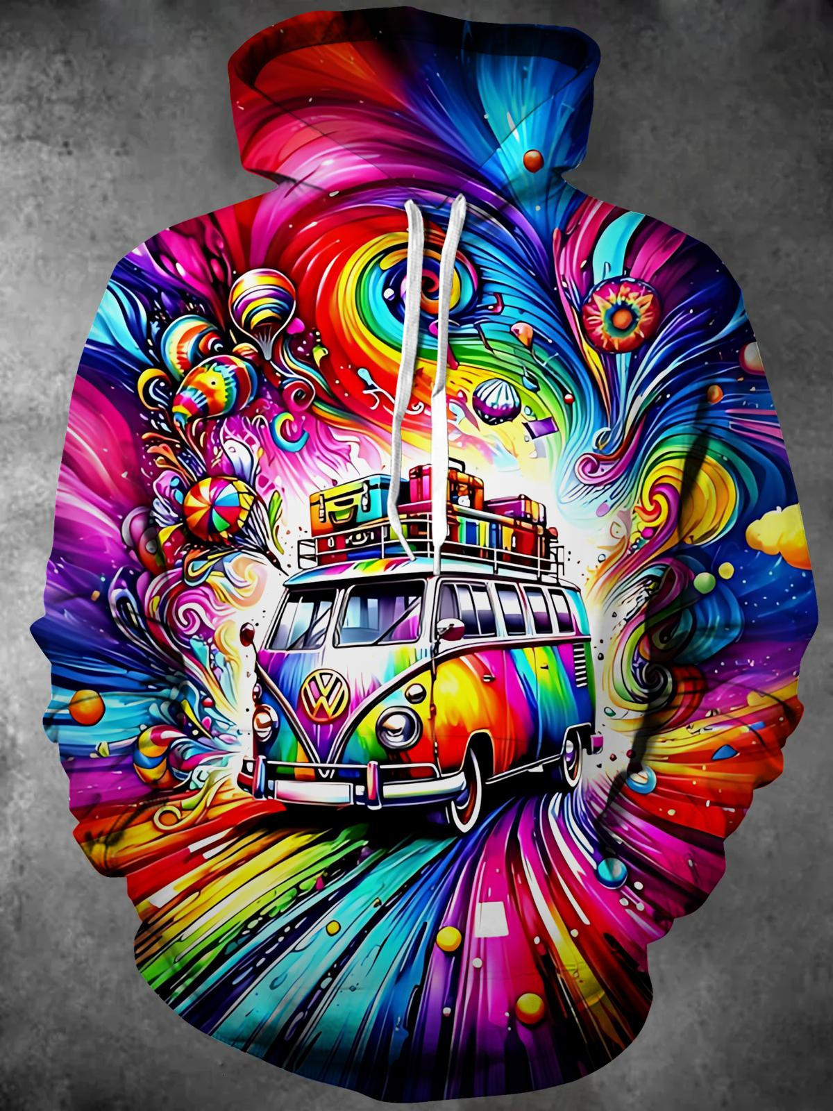 Hippie Car Print Long Sleeve Hooded Pocket Men's Top