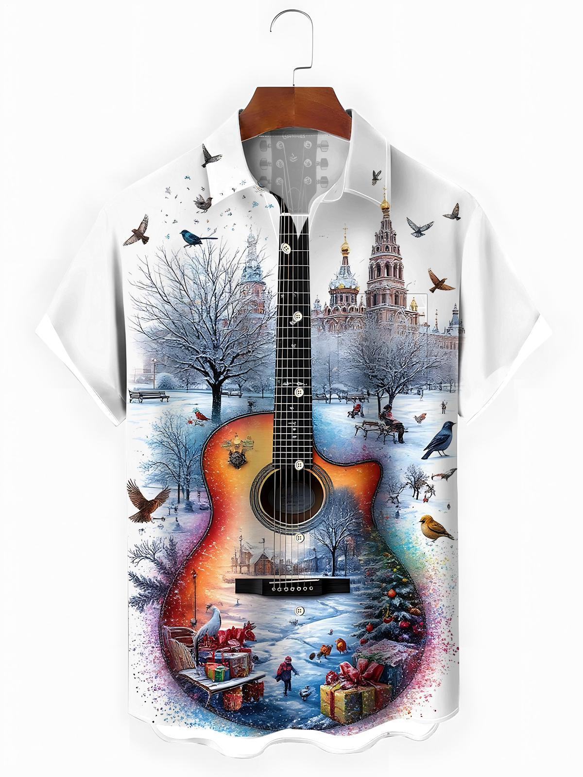 Guitar Building Bird Print Men's Pocket Short Sleeve Shirts