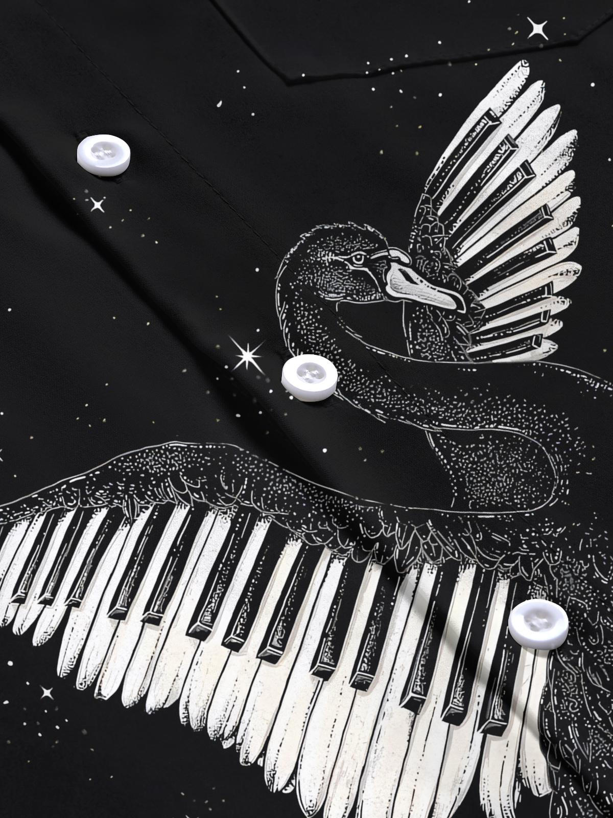 Swan Piano Print Men's Pocket Short Sleeve Shirts