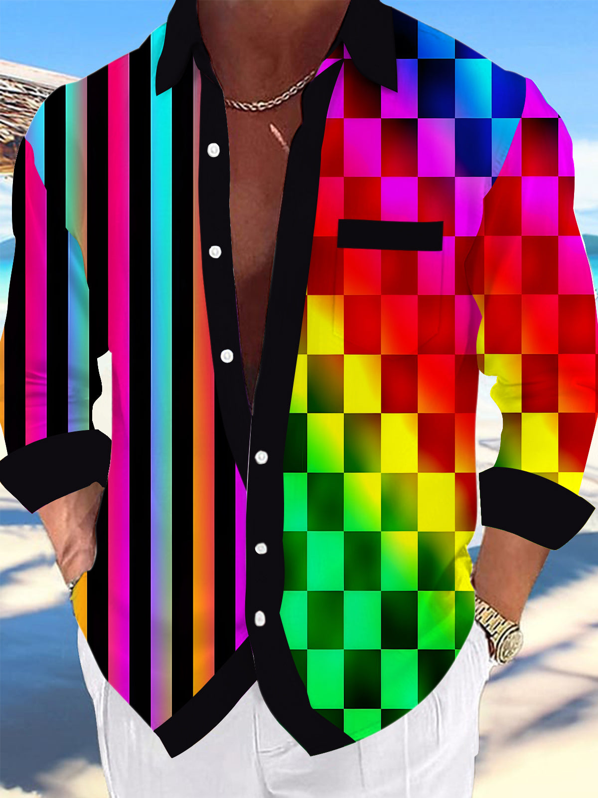 Hawaiian Rainbow Plaid Stripes Geometry Men's Pocket Long Sleeve Shirts