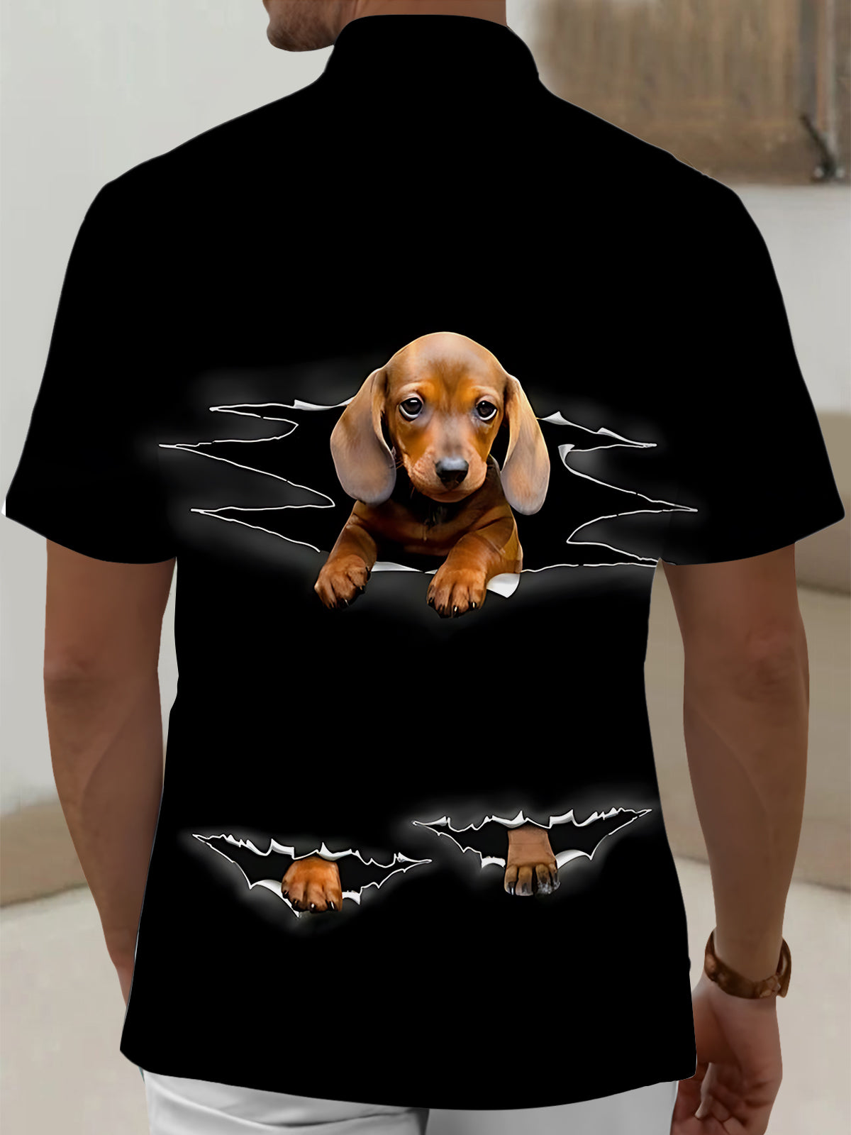 Dachshund Print Men's Pocket Short Sleeve Shirts