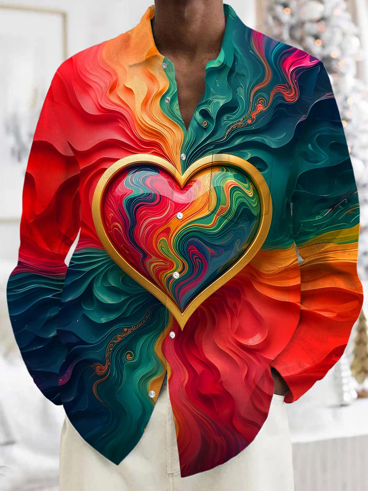 Tie Dye Gilded Colorful Heart Men's Pocket Long Sleeve Shirts