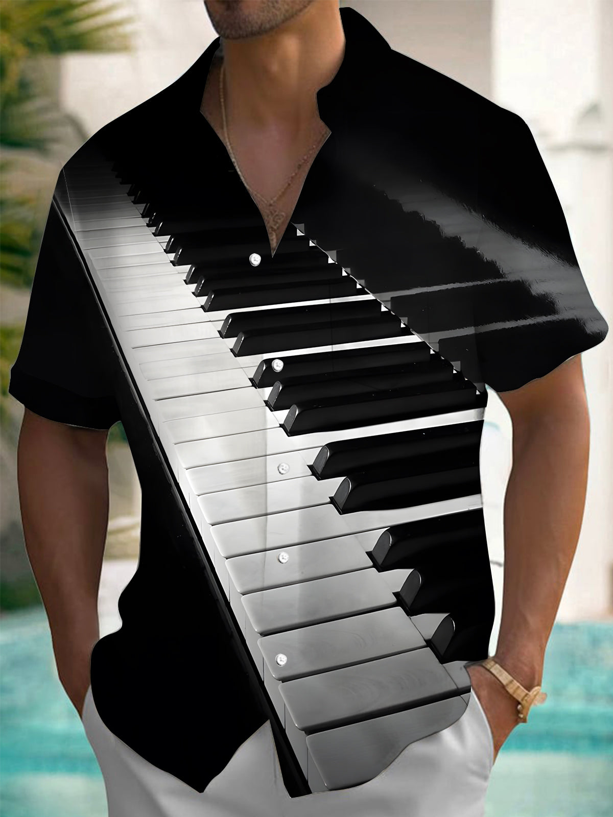 Piano Print Men's Pocket Short Sleeve Shirts
