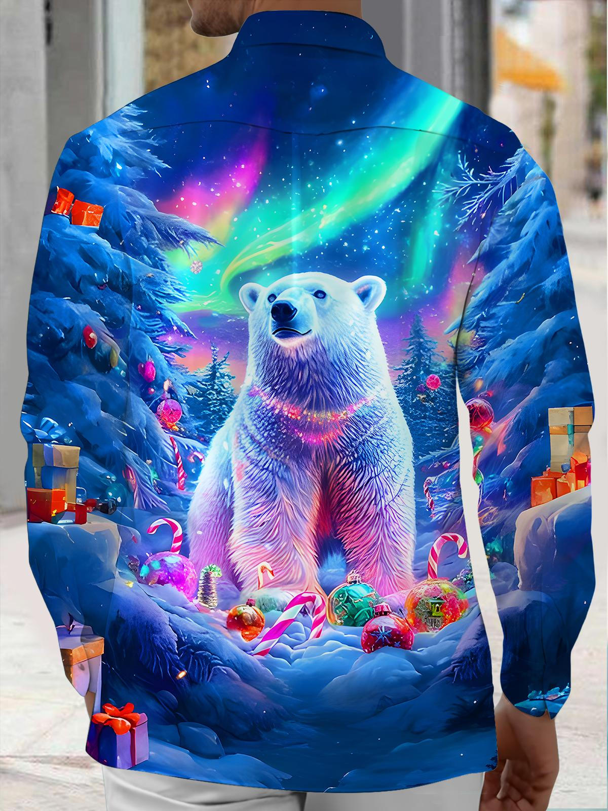 Winter Snow Aurora Polar Bear Gift Men's Pocket Long Sleeve Shirts