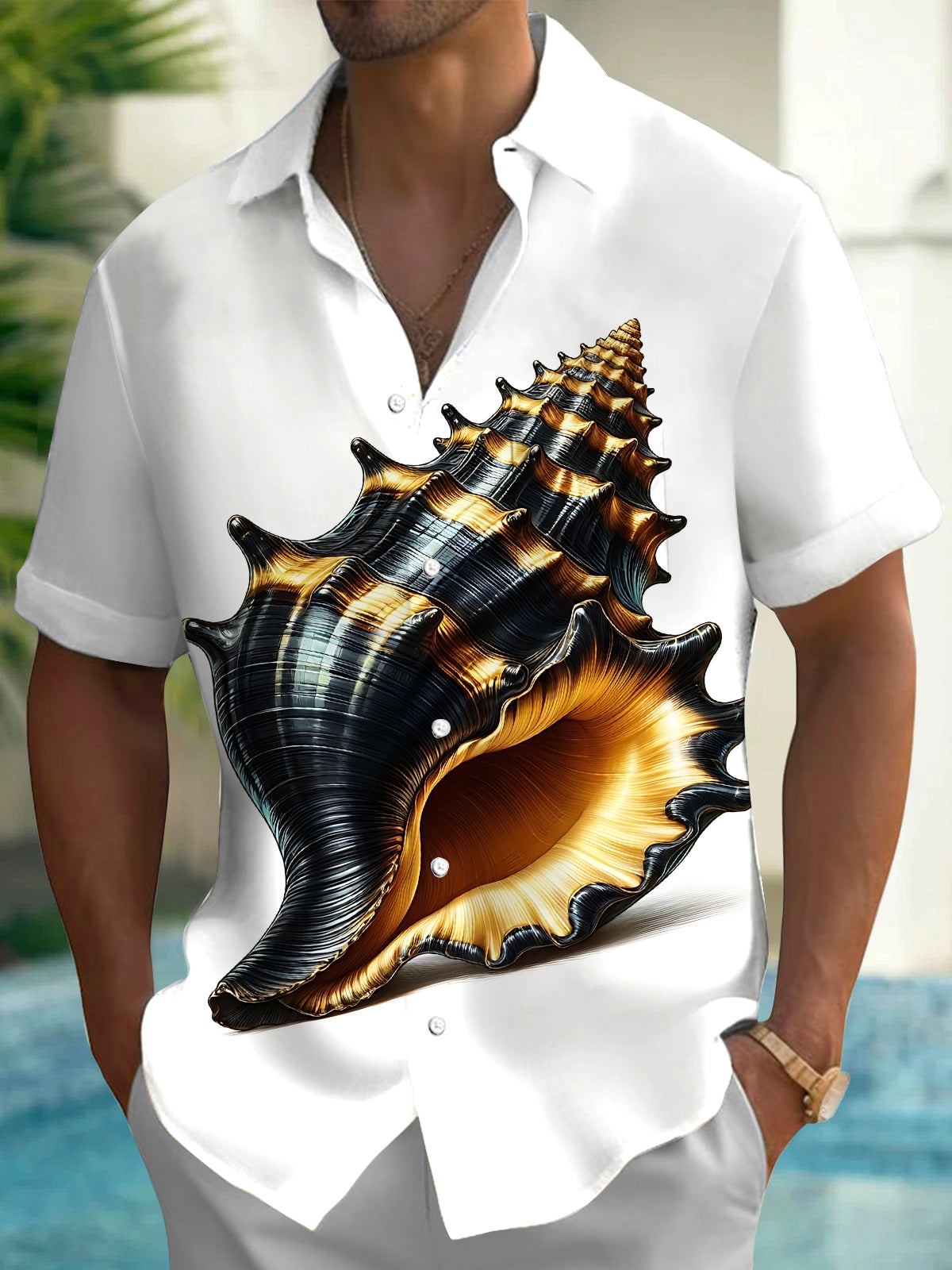 Conch Print Men's Pocket Short Sleeve Shirts