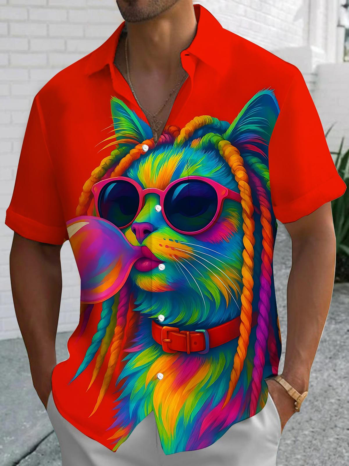 Funny Cat Print Men's Pocket Short Sleeve Shirts