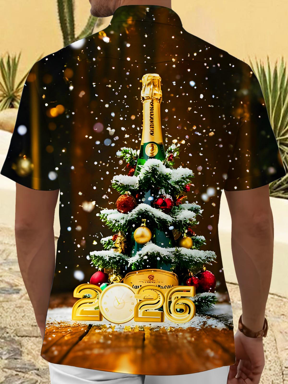 Fun Festive New Year Christmas Tree Decorations Wine Bottle Men's Pocket Short Sleeve Shirts