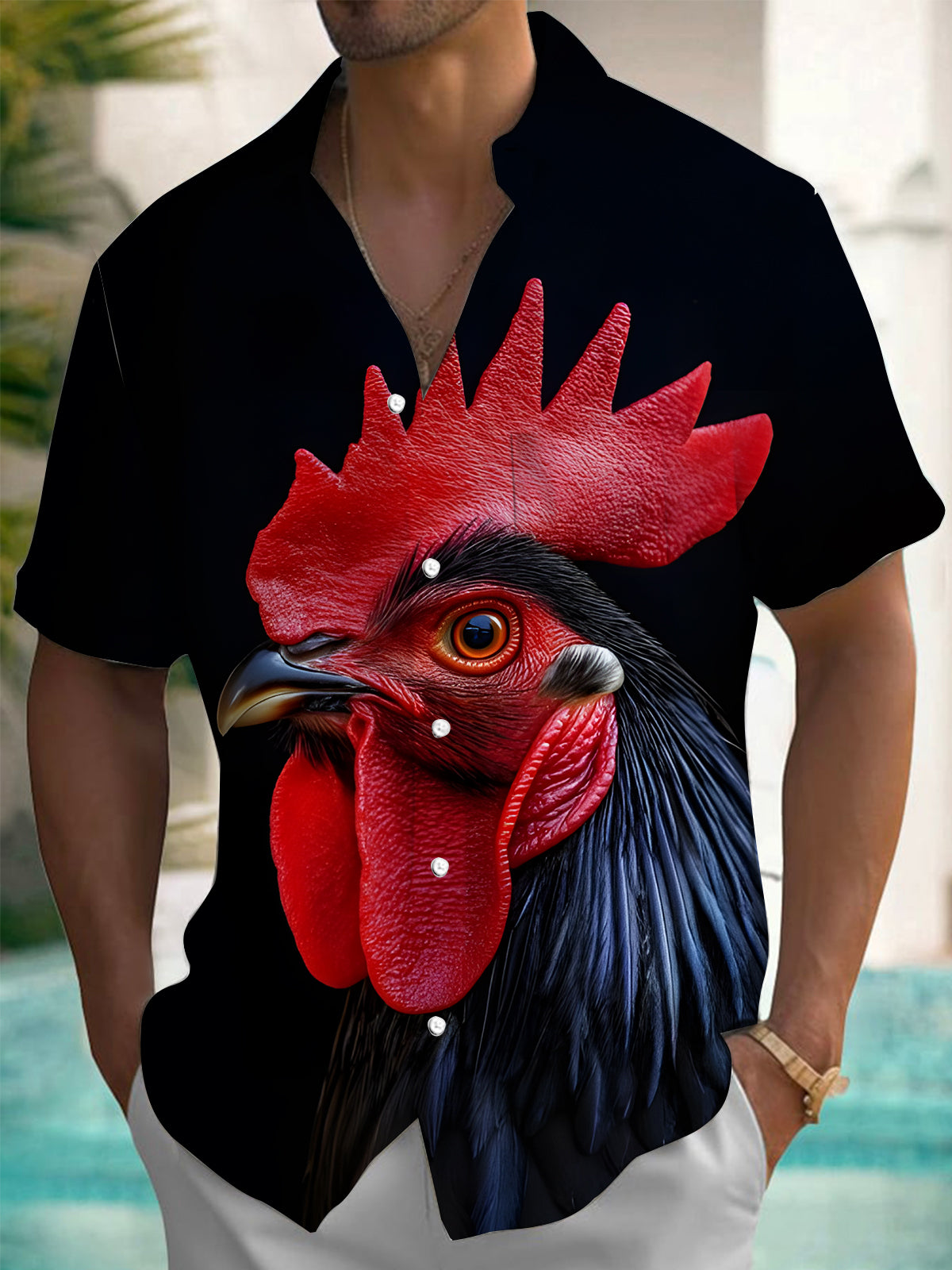 Rooster Print Men's Pocket Short Sleeve Shirts