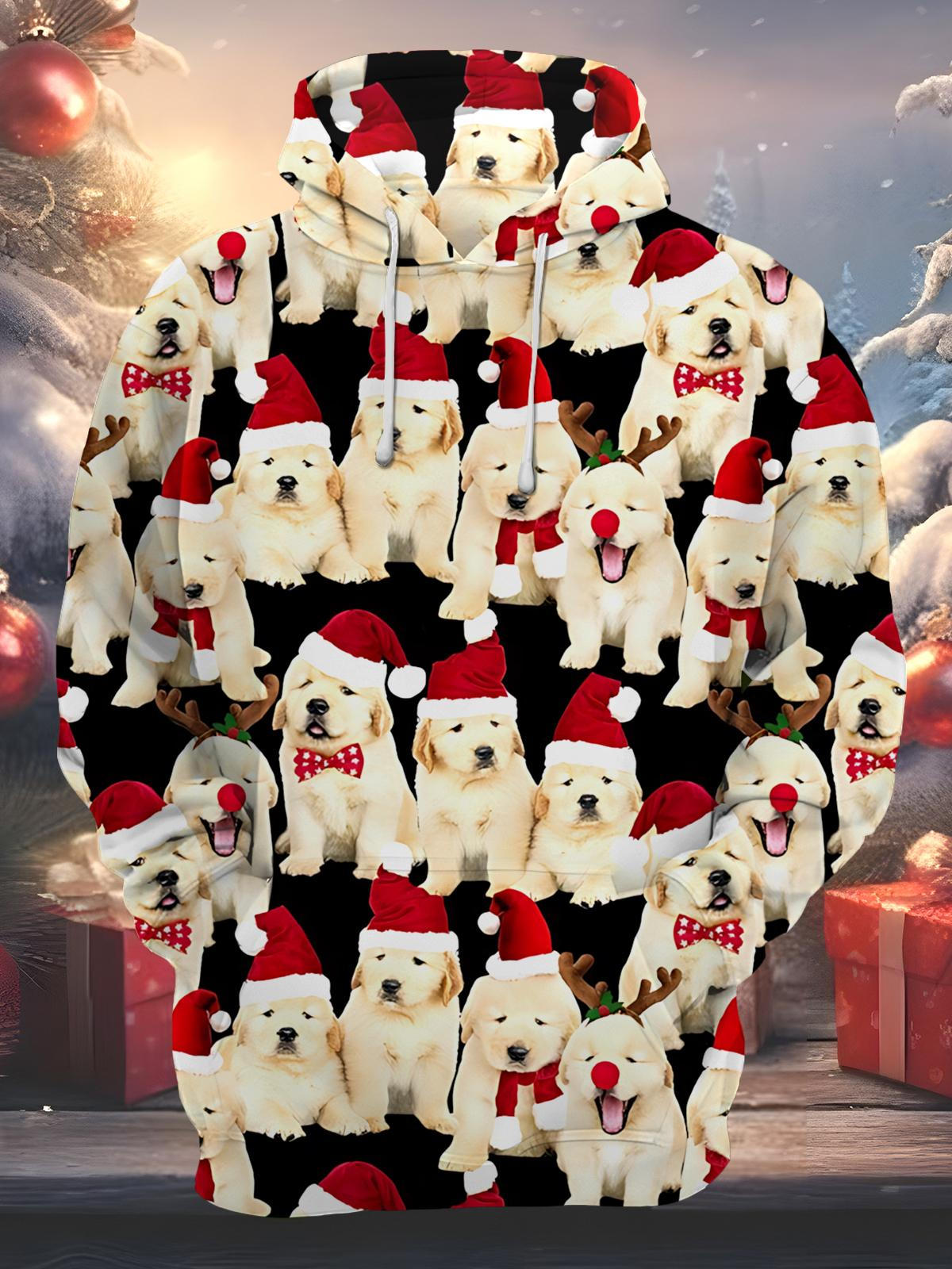 Christmas Puppy Print Men's Long Sleeve Pocket Hoodies