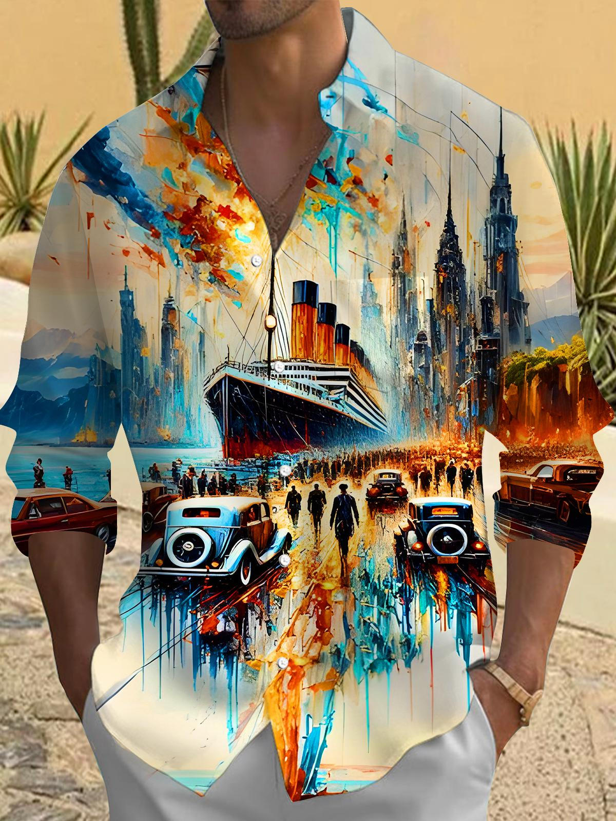 Art Tie-Dye Ship Cars City Men's Pocket Long Sleeve Shirts