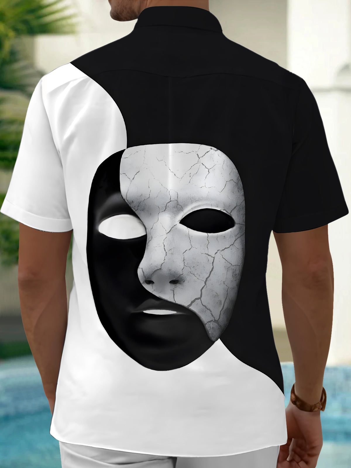 Black White Mask Print Men's Pocket Short Sleeve Shirts