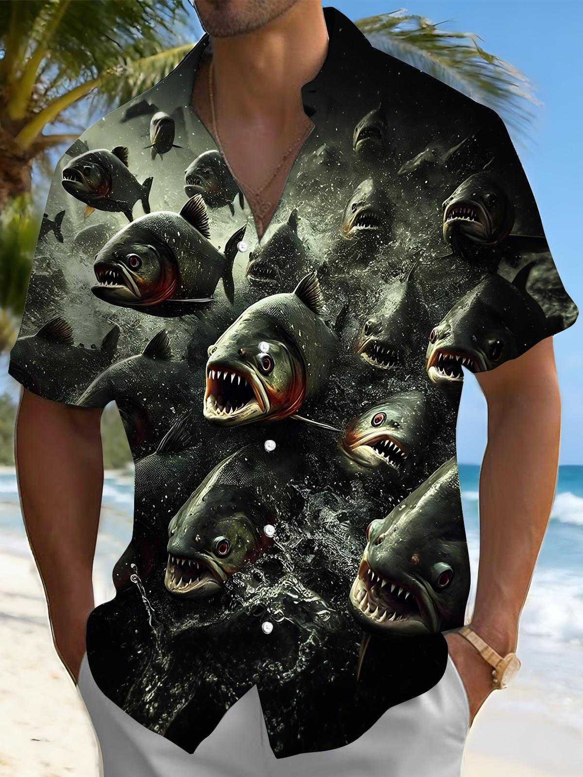 Piranhas Print Men's Pocket Short Sleeve Shirts
